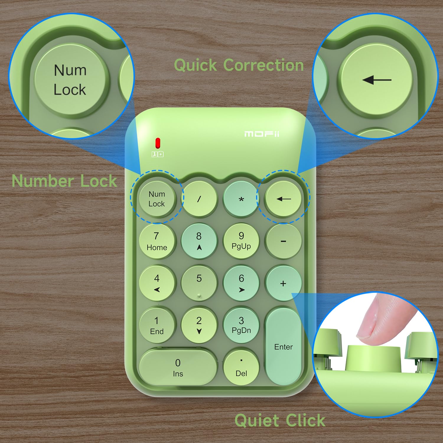 MOFII Wireless Number Pads - Green Numeric Keypad 18 Keys USB 2.4G Round Keycap Colorful Extensions Keypads, Financial Accounting Portable Numpad 10 Key for Laptop/PC/Notebook/Surface Pro - Image 6