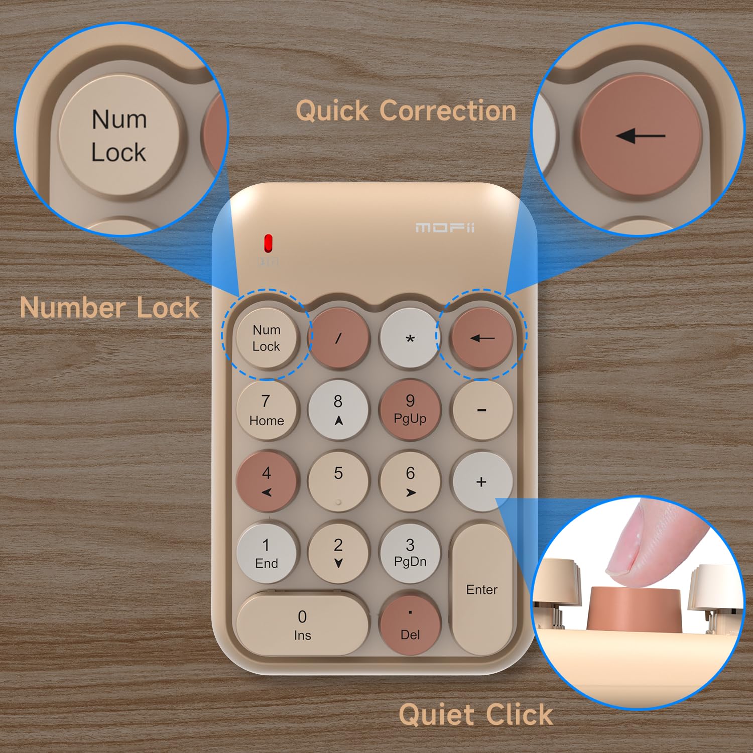 MOFII Wireless Number Pads - MilkTea Numeric Keypad 18 Keys USB 2.4G Round Keycap Colorful Extensions Keypads, Financial Accounting Portable Numpad 10 Key for Laptop/PC/Notebook/Surface Pro - Image 6