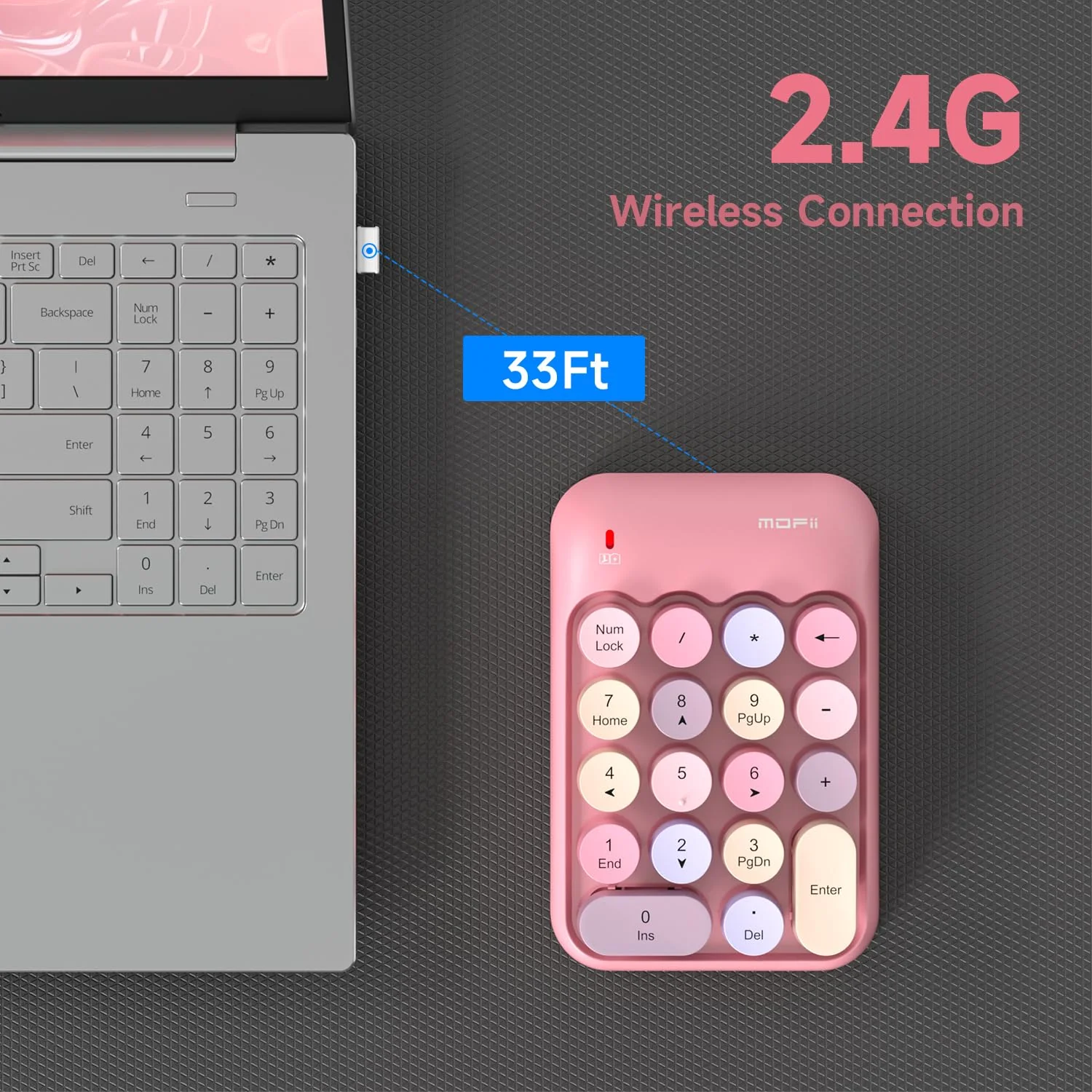 MOFII Wireless Number Pads - Pink Numeric Keypad 18 Keys USB 2.4G Round Keycap Colorful Extensions Keypads, Financial Accounting Portable Numpad 10 Key for Laptop/PC/Notebook/Surface Pro - Image 5