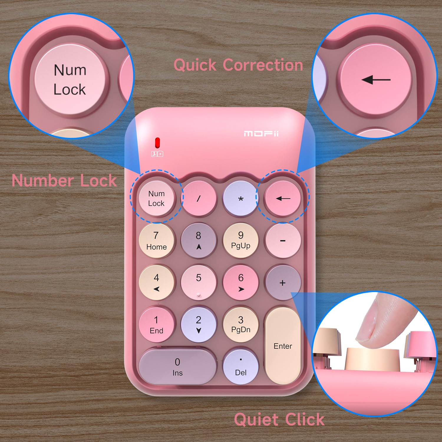 MOFII Wireless Number Pads - Pink Numeric Keypad 18 Keys USB 2.4G Round Keycap Colorful Extensions Keypads, Financial Accounting Portable Numpad 10 Key for Laptop/PC/Notebook/Surface Pro - Image 6