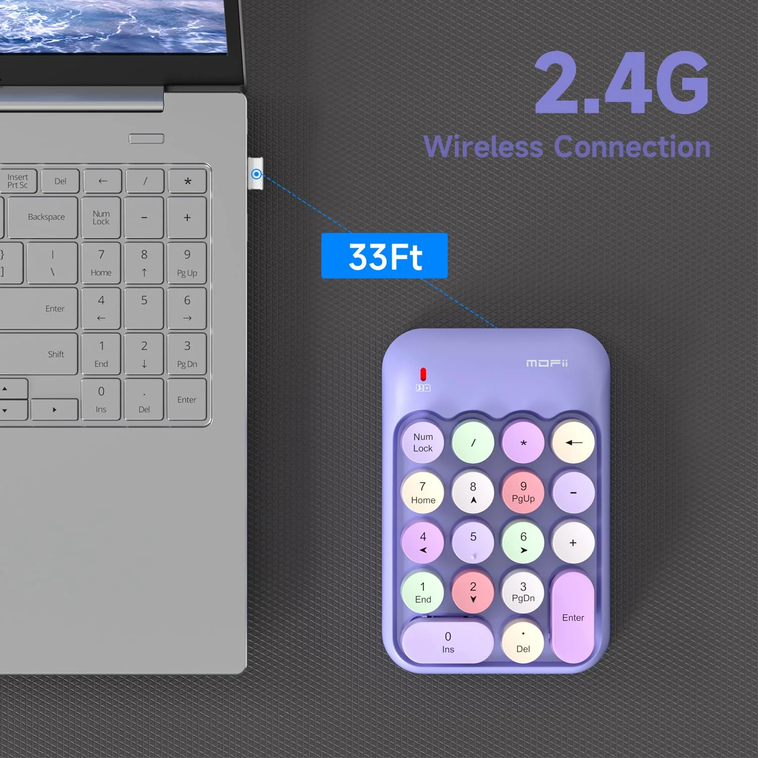 MOFII Wireless Number Pads - Purple Numeric Keypad 18 Keys USB 2.4G Round Keycap Colorful Extensions Keypads, Financial Accounting Portable Numpad 10 Key for Laptop/PC/Notebook/Surface Pro - Image 5