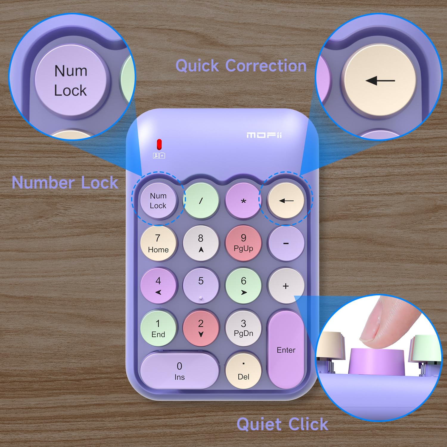 MOFII Wireless Number Pads - Purple Numeric Keypad 18 Keys USB 2.4G Round Keycap Colorful Extensions Keypads, Financial Accounting Portable Numpad 10 Key for Laptop/PC/Notebook/Surface Pro - Image 6