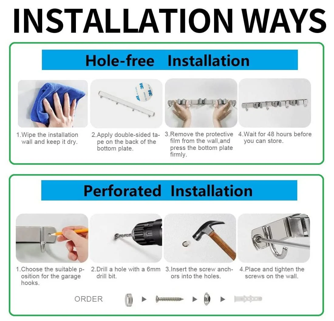 Mokife Broom Holder Wall Stainless Steel Garden Tool Holder Wall Mount with 5 Holders 4 Hooks Broom Holder Self-Adhesive Tool Holder Organiser for Kitchen Bathroom Garage Garden Office (5 Holders) 5 Halter - Image 7