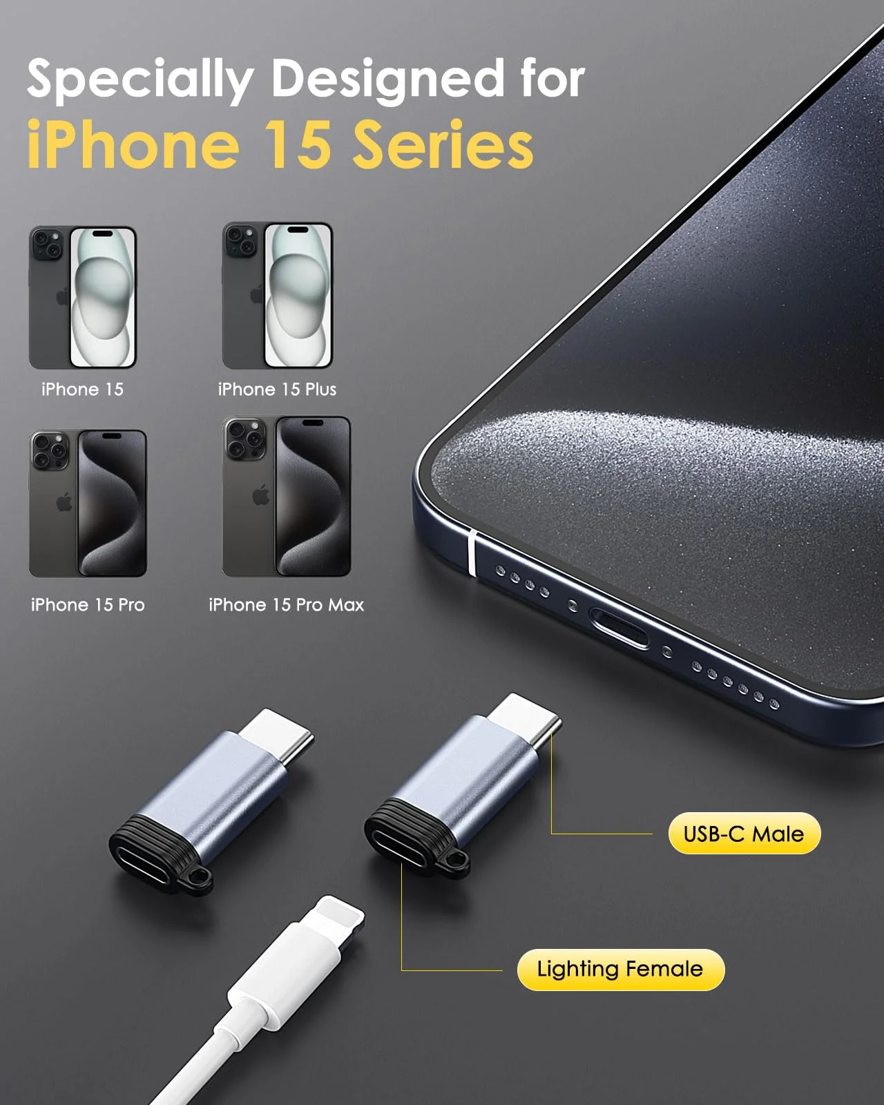 MoKo 4 Pack Lightning Female to USB C Male Adapter, iPhone to USB C Adapter for iPhone 15/16 Pro/16 Pro Max/16 Plus, Galaxy S24, iPad Air/Pro, for Charging/Data Transfer, NOT for Audio/OTG, Gray - Image 2