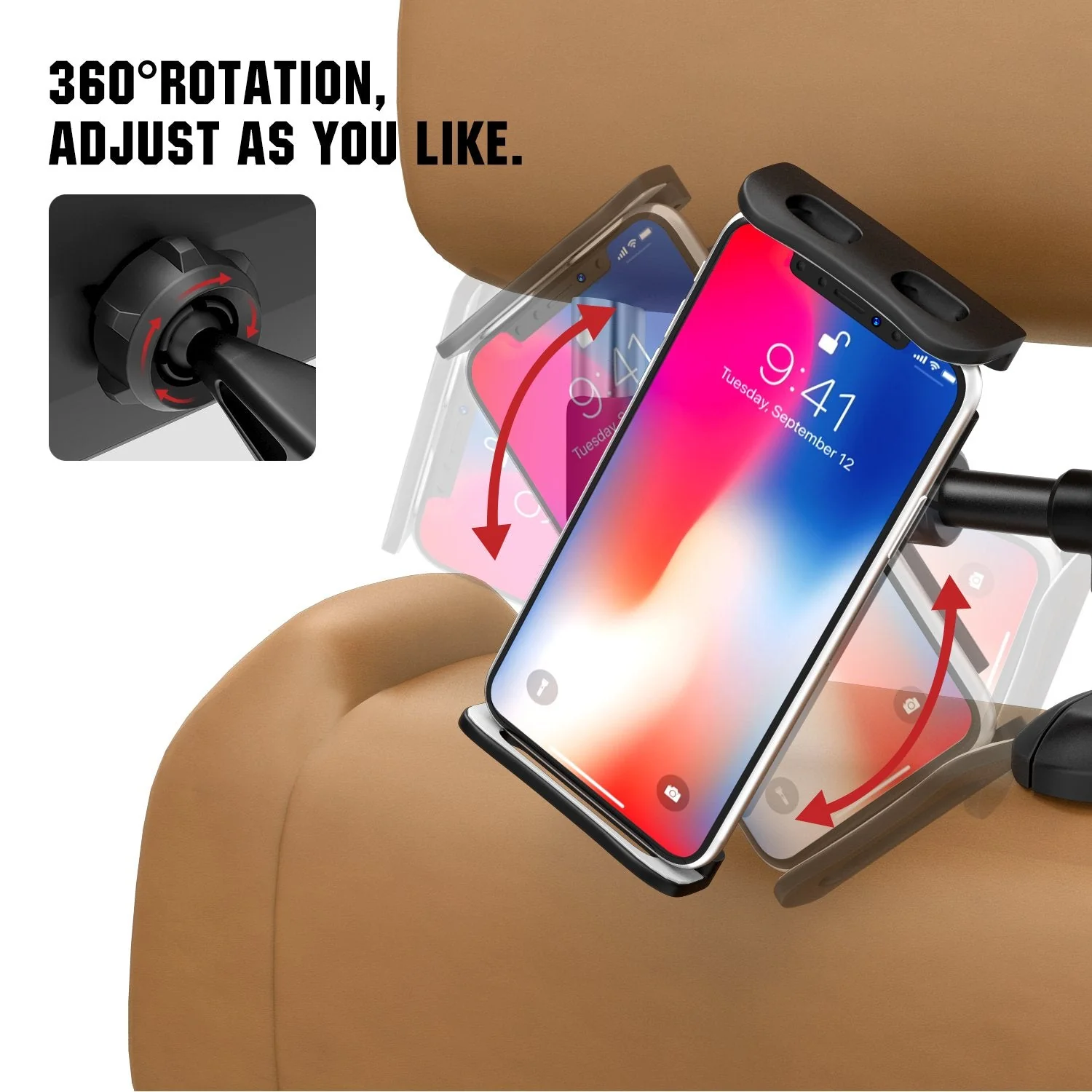 MoKo Headrest Phone/Tablet Car Mount, Adjustable Tablet Holder for 4-11" Devices, Fit with 12 Pro Max / 12 Mini/ 11 Pro Max, iPhone SE, iPad Pro 11, Air 4 3, iPad 7th 8th 10.2, Galaxy S20 6.2" - Black - Image 3