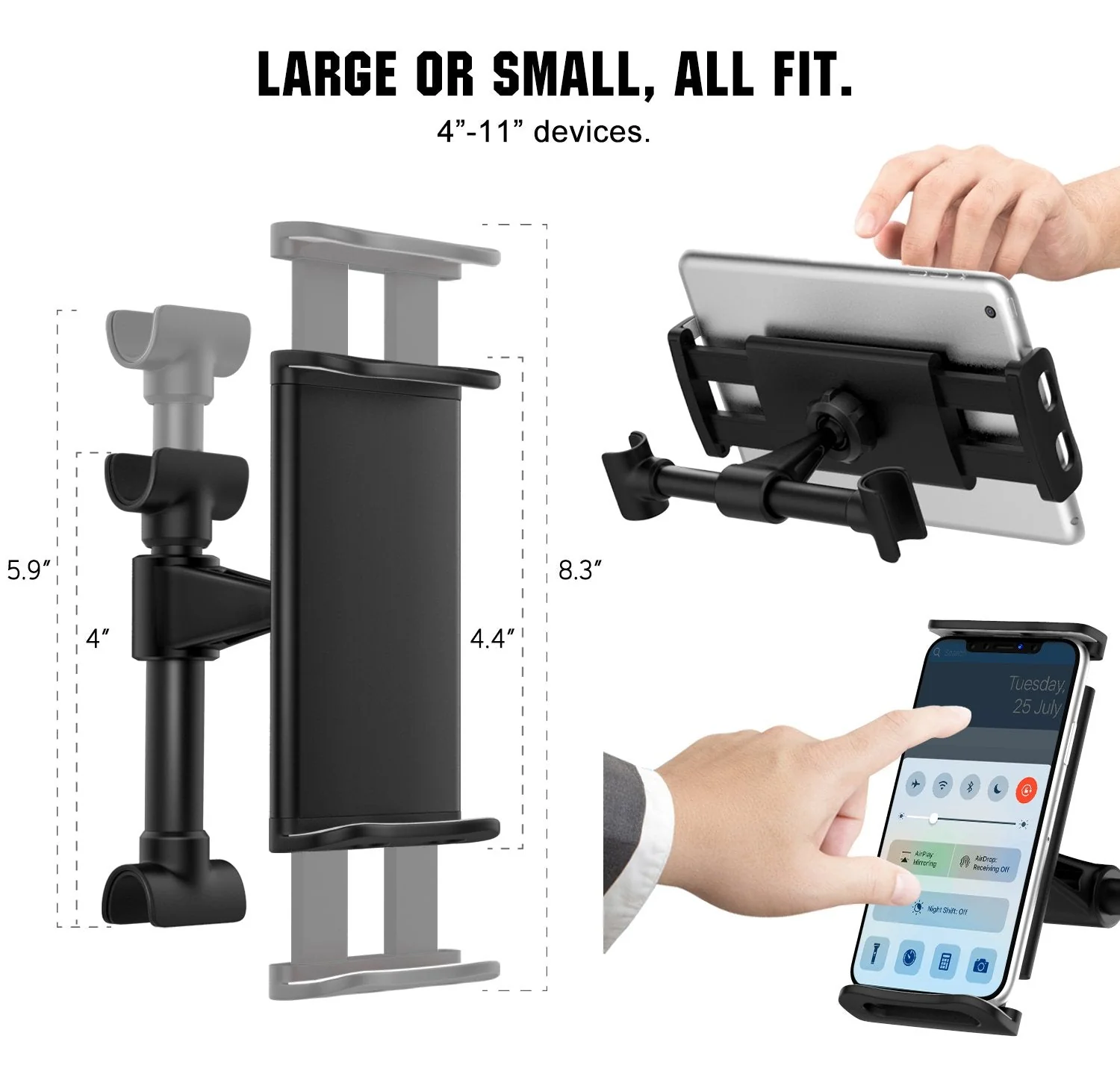 MoKo Headrest Phone/Tablet Car Mount, Adjustable Tablet Holder for 4-11" Devices, Fit with 12 Pro Max / 12 Mini/ 11 Pro Max, iPhone SE, iPad Pro 11, Air 4 3, iPad 7th 8th 10.2, Galaxy S20 6.2" - Black - Image 4
