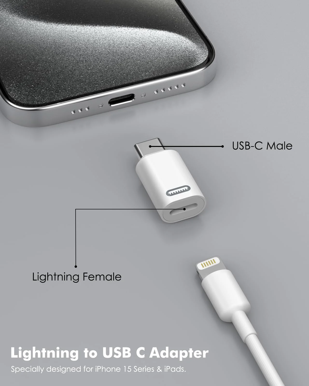 MoKo Lightning Female to USB C Male Adapter, 2 Pack USB-C to Lightning Adapter for iPhone 15/15 Pro/15 Pro Max/15 Plus, iPad Pro/Air, Support Fast Charging/Data Transfer, Not for Audio/OTG, White PD 2pack - Image 2
