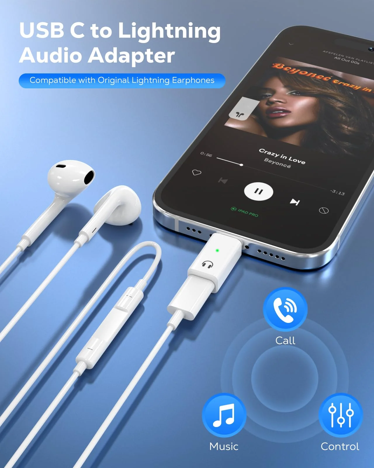 MoKo Lightning to USB C Audio Adapter Support Line Control, USB C Male to Female Lightning Headphone Earphone Adapter for iPhone 16 15 Pro Max Plus, iPad Air/Pro, Not for Charging/Data Transfer, White - Image 2