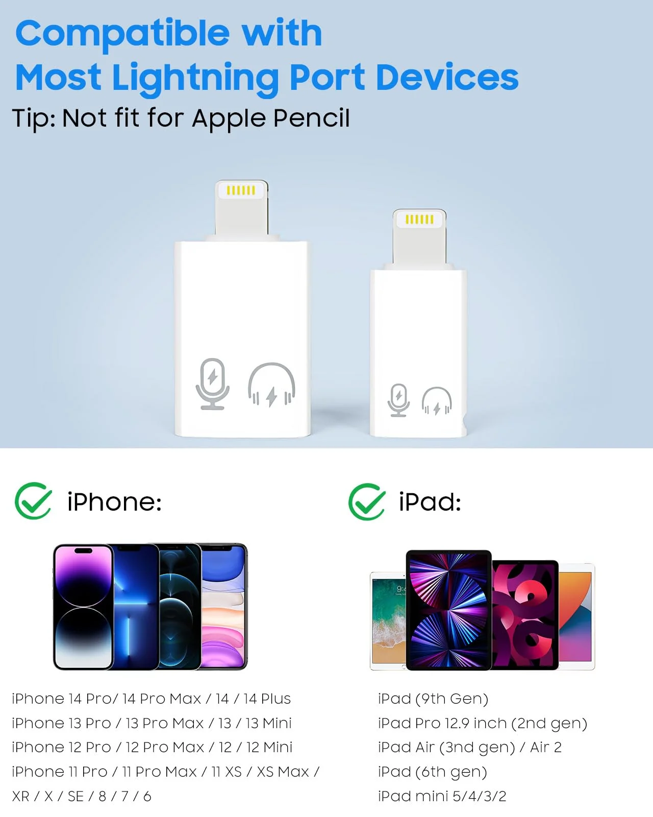 MoKo USB C Female to Lightning Male Adapter, Lightning Male to USB-A Female OTG Adapter Connector for iPhone 14/13/12/11 Pro Max/iPad/iPod/AirPods, Support 10W Fast Charging/Data Transfer/Audio White - Image 7