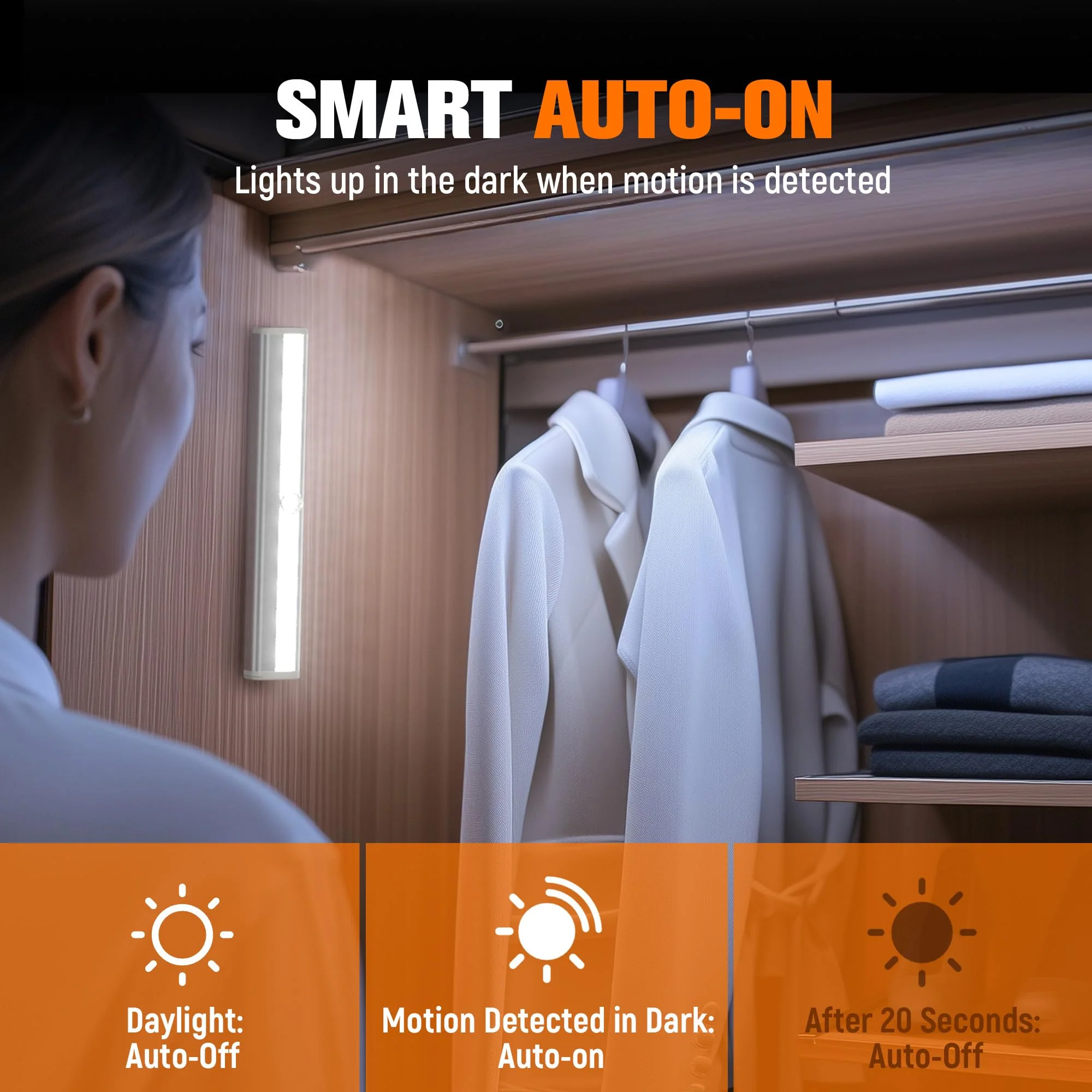 Molrebe Motion Sensor LED Lights, 6 Pack Battery Operated 10 LED Motion Closet Light, Stick-On Anywhere Magnetic Night Light Bar for Closet Under Cabinet Kitchen Hallway Stairway Vanity Wardrobe White - Image 3