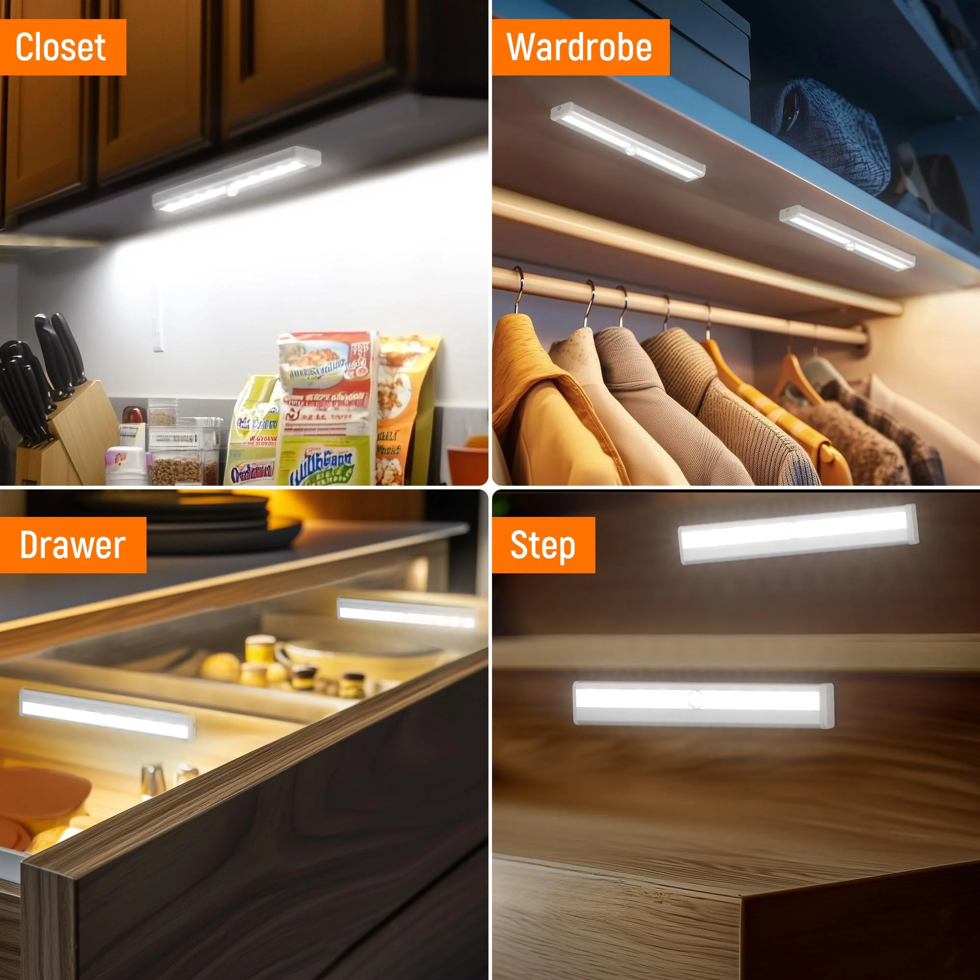 Molrebe Motion Sensor LED Lights, 6 Pack Battery Operated 10 LED Motion Closet Light, Stick-On Anywhere Magnetic Night Light Bar for Closet Under Cabinet Kitchen Hallway Stairway Vanity Wardrobe White - Image 6