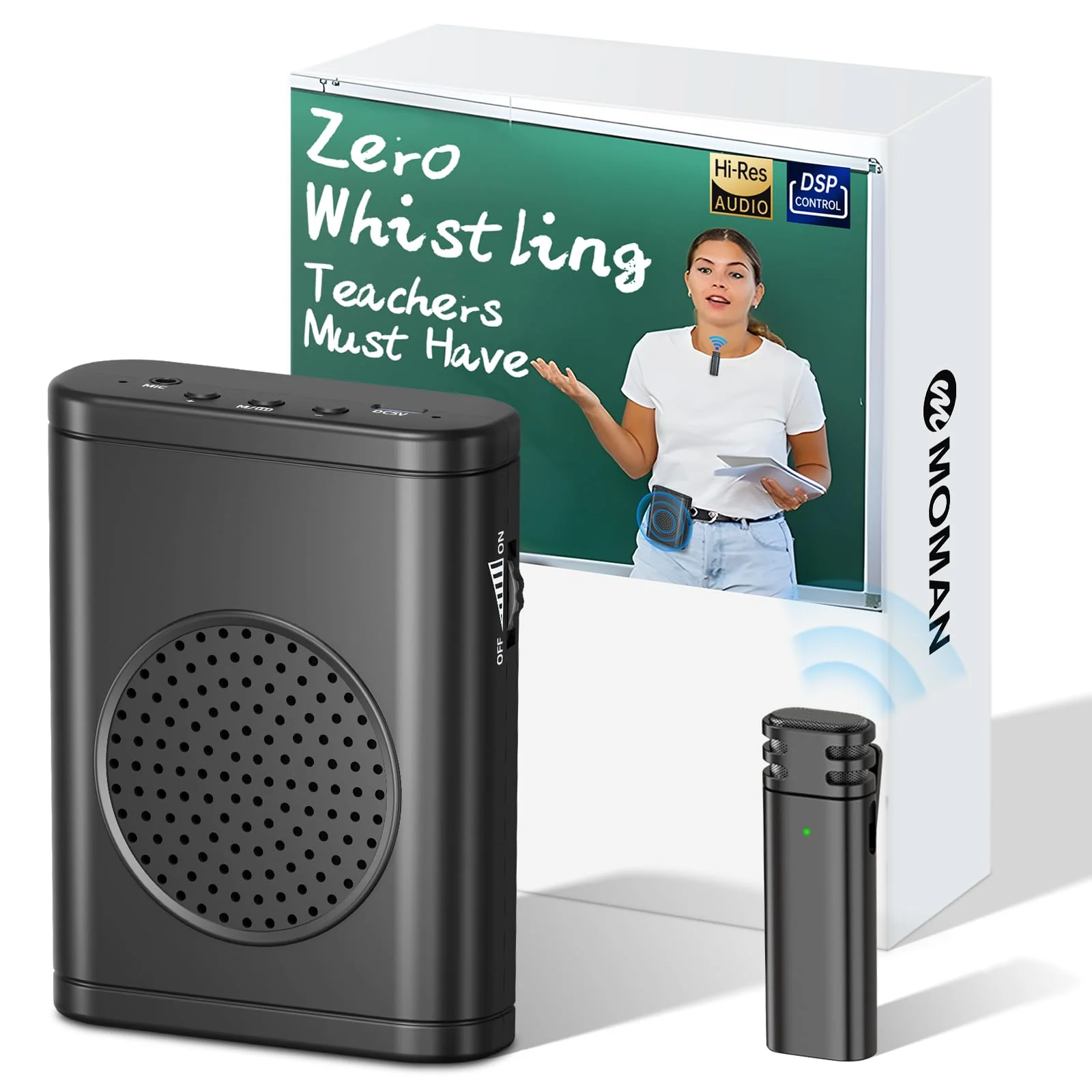 Moman Voice Amplifier with Wireless Lavalier Microphone, Zero Whistling Low Latency Portable Speaker, Personal PA System with Wireless Clip on Mic for Teachers Classroom Yoga Tour Guide Meeting Coach Black