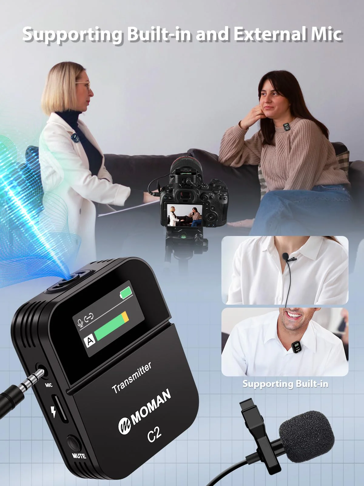 Moman Wireless Lavalier Microphone C2X, 2.4G Dual Transmitter Lapel Mic 656FT 8H for Online Class Vlog Stream YouTube for Camera Smartphone Tablet (C2X Dual) C2X Dual - Image 4