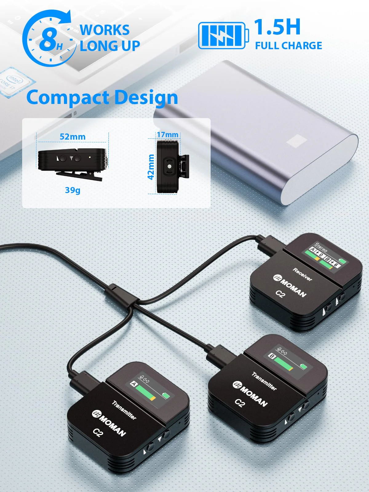 Moman Wireless Lavalier Microphone C2X, 2.4G Dual Transmitter Lapel Mic 656FT 8H for Online Class Vlog Stream YouTube for Camera Smartphone Tablet (C2X Dual) C2X Dual - Image 5