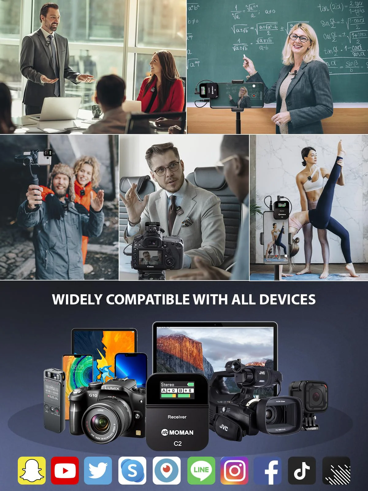 Moman Wireless Lavalier Microphone C2X, 2.4G Dual Transmitter Lapel Mic 656FT 8H for Online Class Vlog Stream YouTube for Camera Smartphone Tablet (C2X Dual) C2X Dual - Image 6
