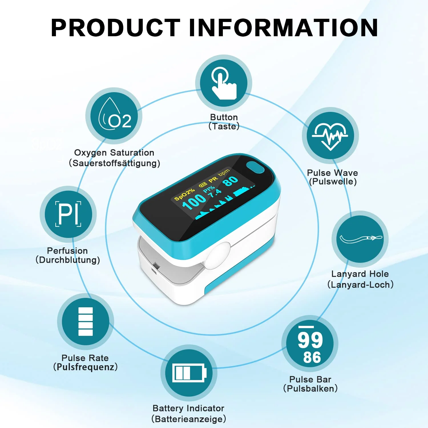 MOMMED Pulse Oximeter, Oxygen Saturation Meter, Finger Pulse Oximeter with Alarm for Measuring Oxygen Saturation (SpO2), Pulse Monitor for Children and Adults, OLED Display that Rotates blue-white - Image 2