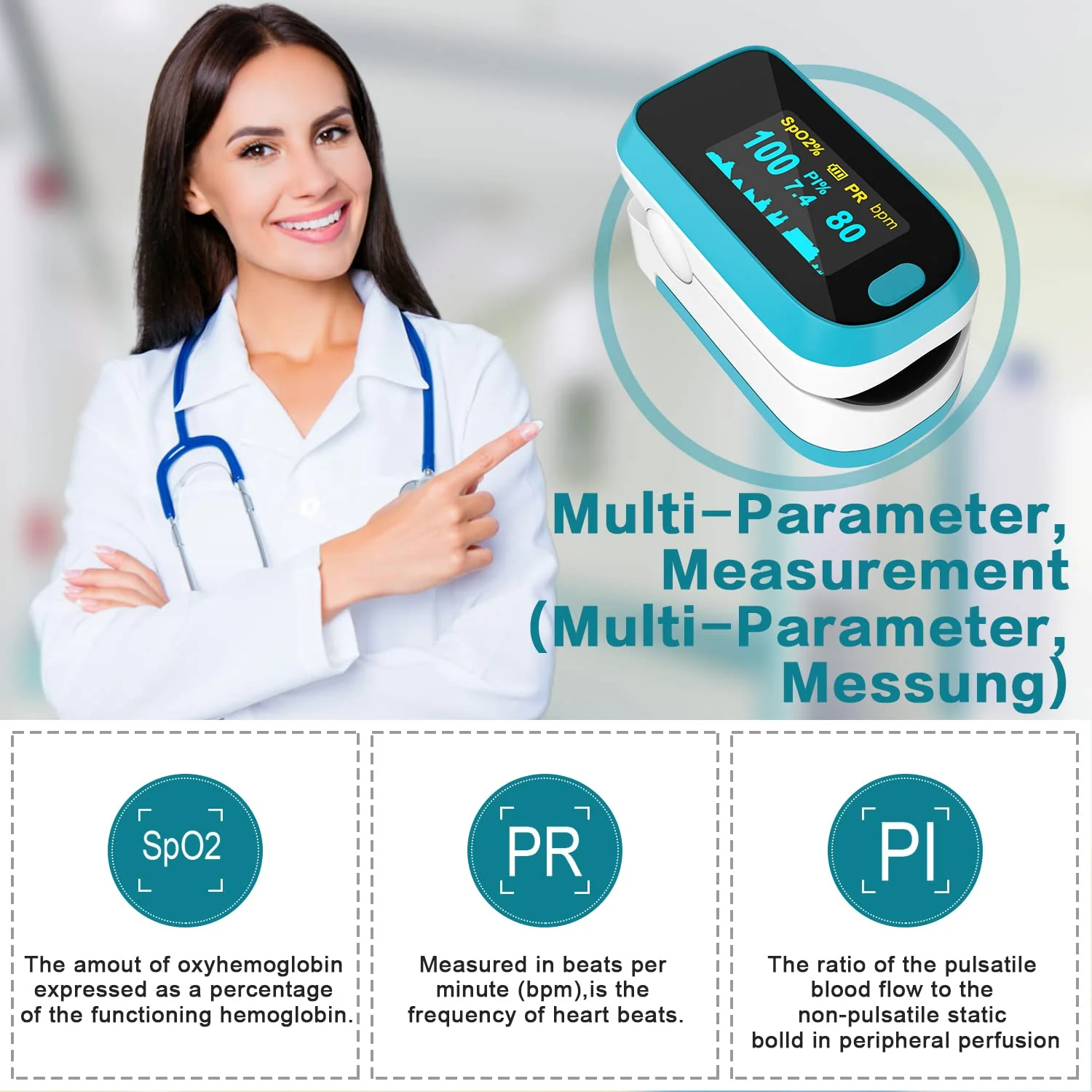 MOMMED Pulse Oximeter, Oxygen Saturation Meter, Finger Pulse Oximeter with Alarm for Measuring Oxygen Saturation (SpO2), Pulse Monitor for Children and Adults, OLED Display that Rotates blue-white - Image 3