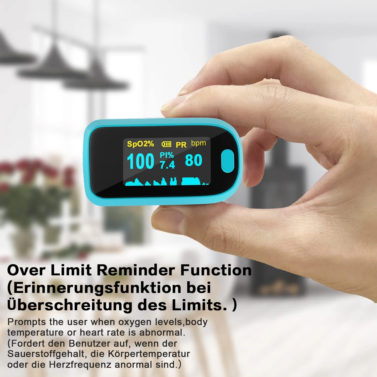 MOMMED Pulse Oximeter, Oxygen Saturation Meter, Finger Pulse Oximeter with Alarm for Measuring Oxygen Saturation (SpO2), Pulse Monitor for Children and Adults, OLED Display that Rotates blue-white - Image 5
