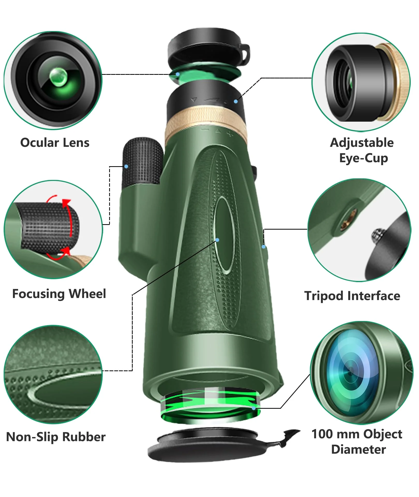 Monocular-Telescope 80x100 HD for Adults Larger Vision Monoculars High Powered Smartphone Monocular for Bird Watching Hunting Hiking Camping Wildlife Green - Image 3