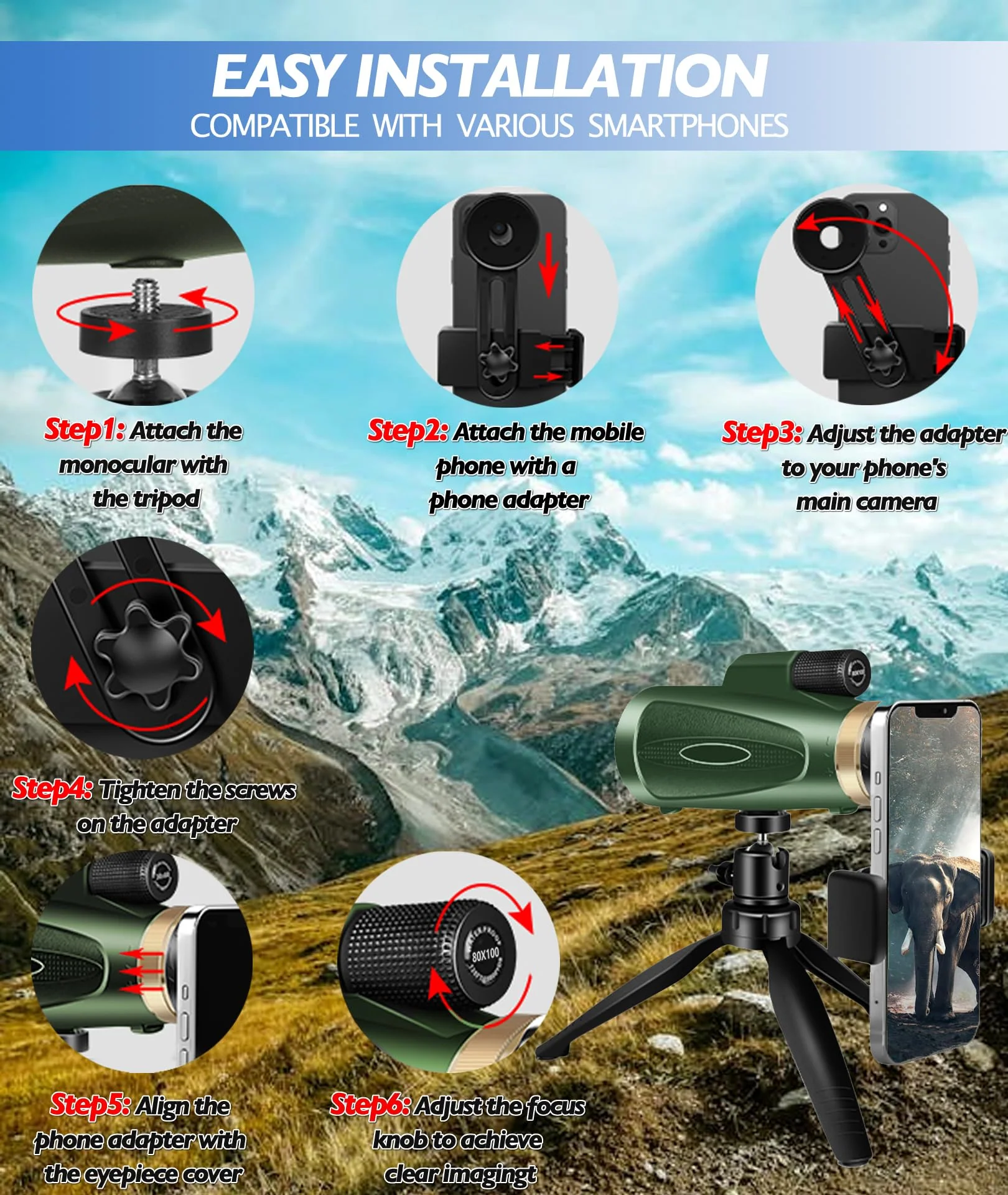 Monocular-Telescope 80x100 HD for Adults Larger Vision Monoculars High Powered Smartphone Monocular for Bird Watching Hunting Hiking Camping Wildlife Green - Image 4