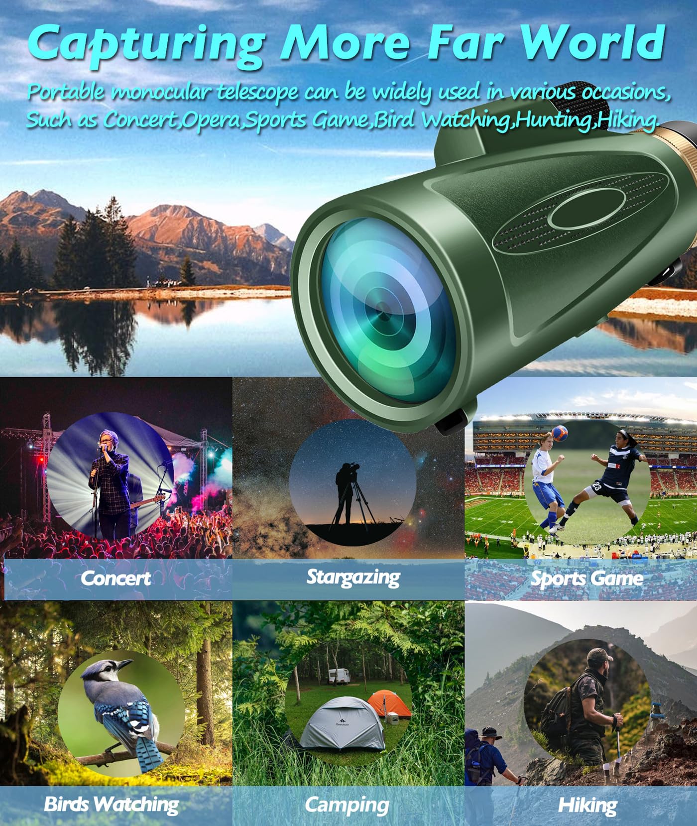 Monocular-Telescope 80x100 HD for Adults Larger Vision Monoculars High Powered Smartphone Monocular for Bird Watching Hunting Hiking Camping Wildlife Green - Image 7