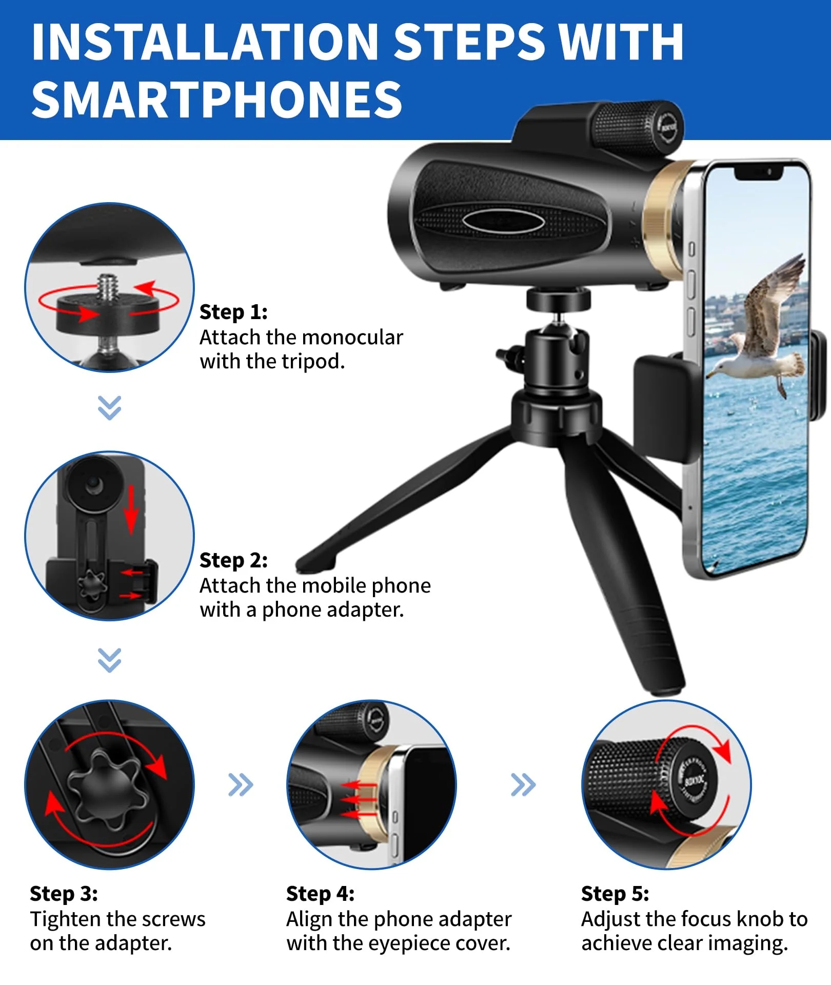Monocular Telescope 80x100 High Power with Smartphone Adapter Tripod,Larger Vision Monoculars for Adults with BAK4 Prism & FMC Lens, Suitable for Bird Watching Hunting Hiking Camping Wildlife-Black Black - Image 4