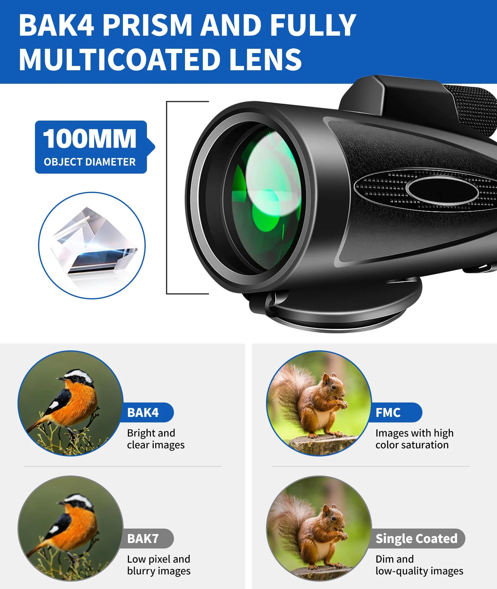 Monocular Telescope 80x100 High Power with Smartphone Adapter Tripod,Larger Vision Monoculars for Adults with BAK4 Prism & FMC Lens, Suitable for Bird Watching Hunting Hiking Camping Wildlife-Black Black - Image 5