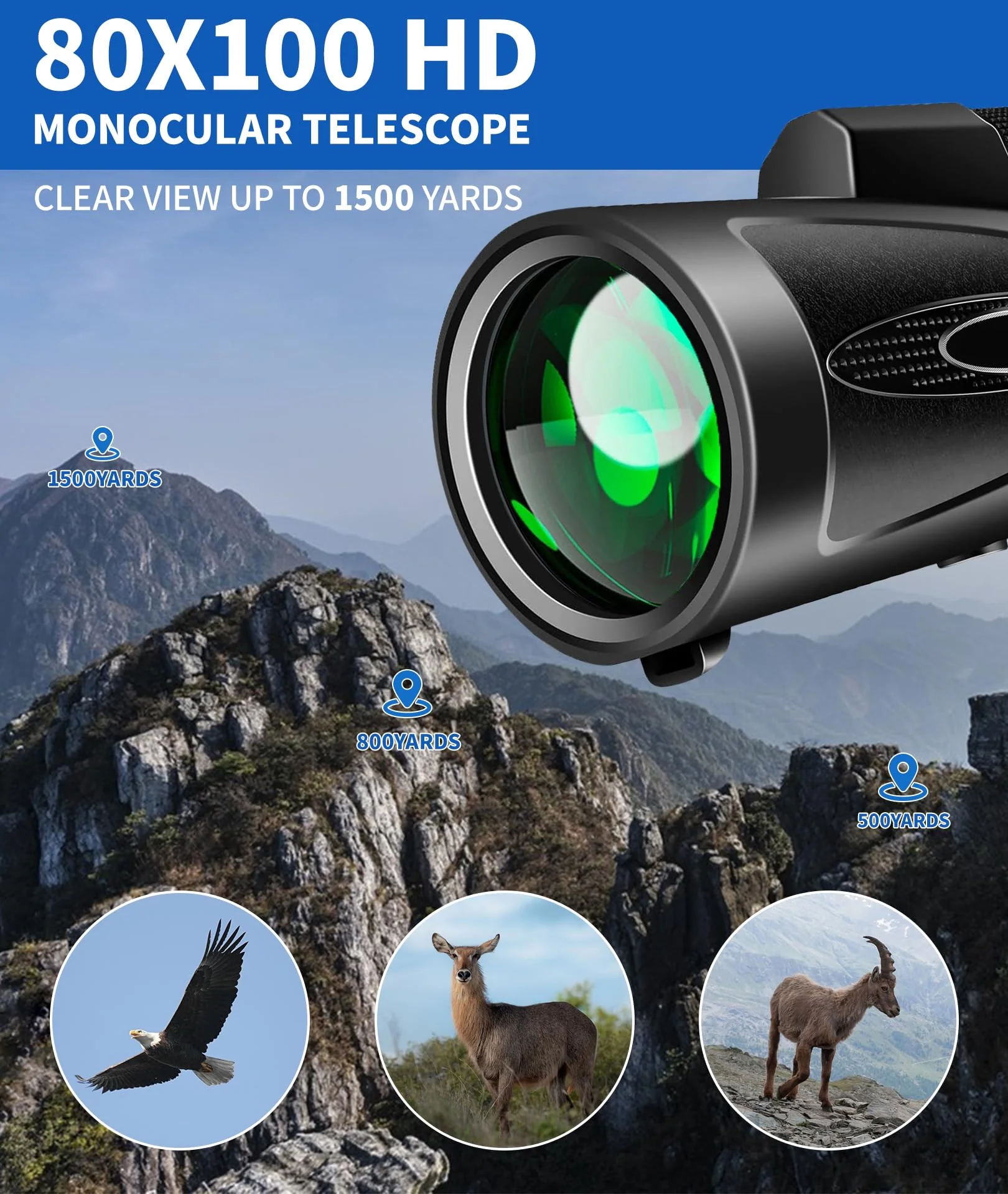 Monocular Telescope 80x100 High Power with Smartphone Adapter Tripod,Larger Vision Monoculars for Adults with BAK4 Prism & FMC Lens, Suitable for Bird Watching Hunting Hiking Camping Wildlife-Black Black - Image 6