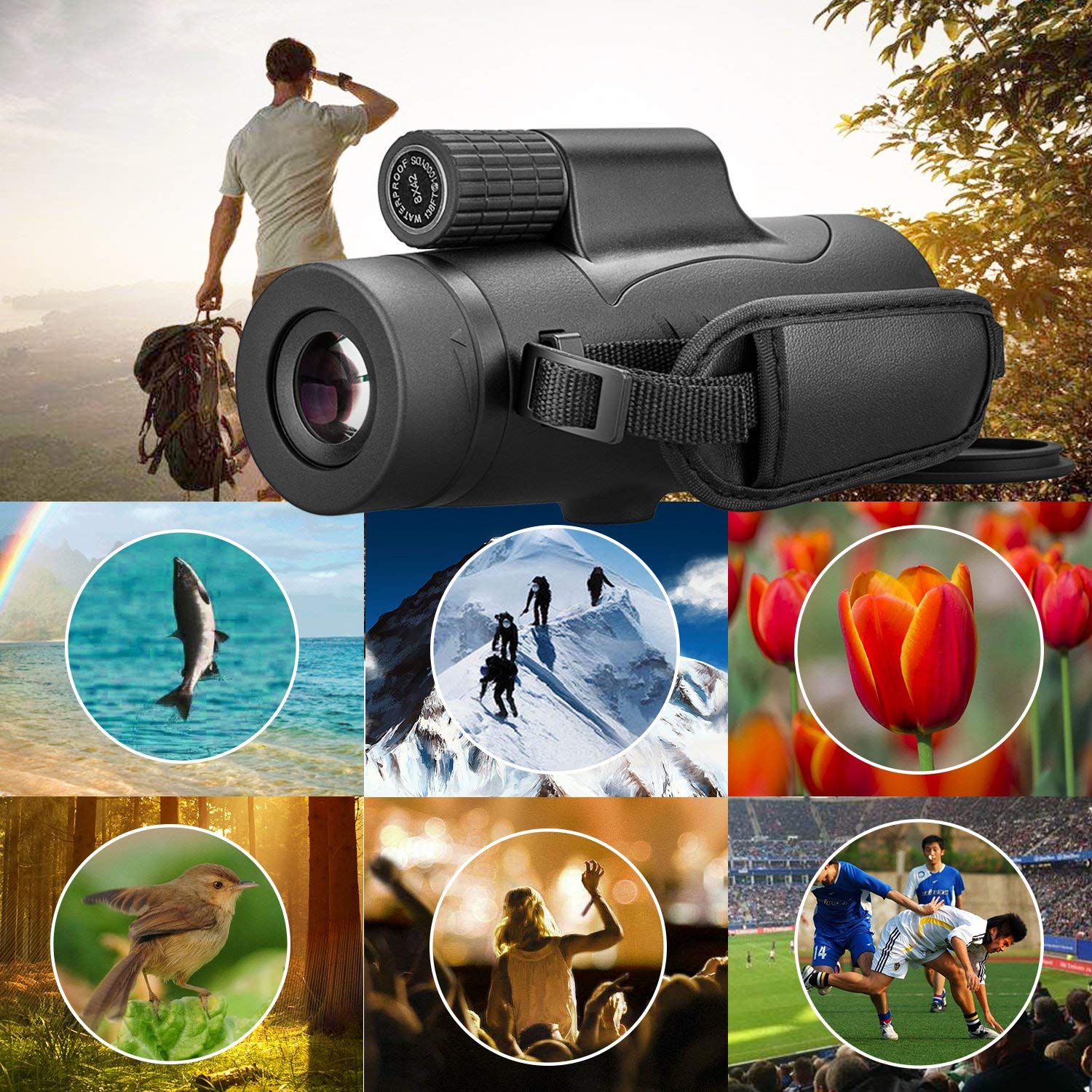 Monocular Telescope High Power 8x42 Monoculars Scope Compact Portable Waterproof Fogproof Shockproof with Hand Strap for Adults Kids Bird Watching Hunting Camping Hiking Travling Wildlife Secenery - Image 3