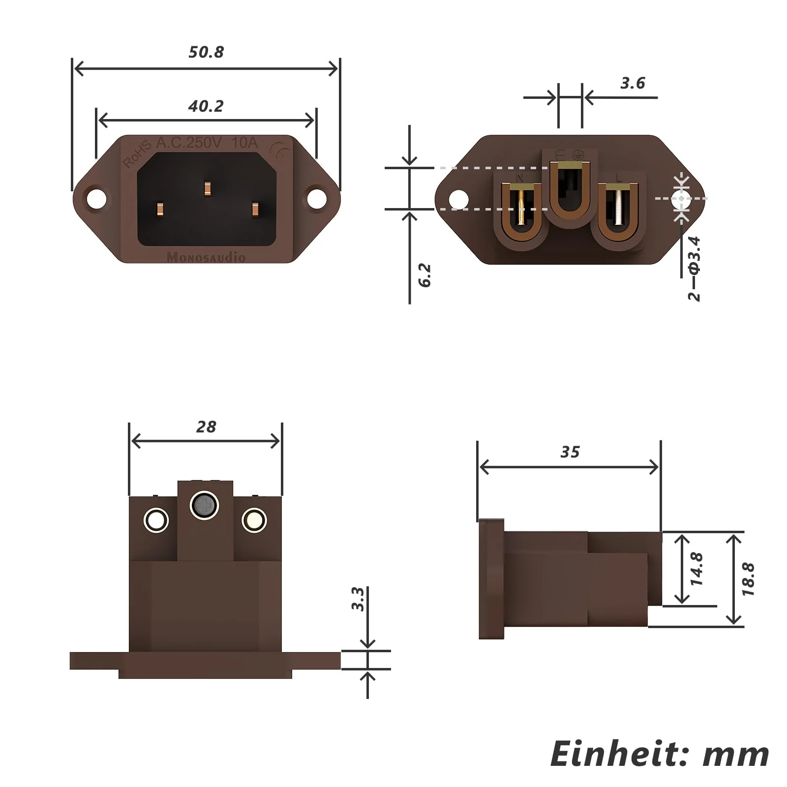Monosaudio IC71(C) High End IEC Connector Pure Copper Conductor IEC Socket 10A 250V AC IEC C14 Plate Mounting IEC IEC Socket brown - Image 4
