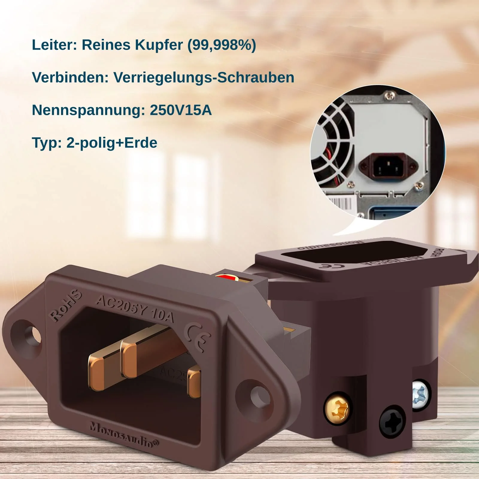 Monosaudio IC71(C) High End IEC Connector Pure Copper Conductor IEC Socket 10A 250V AC IEC C14 Plate Mounting IEC IEC Socket brown - Image 7