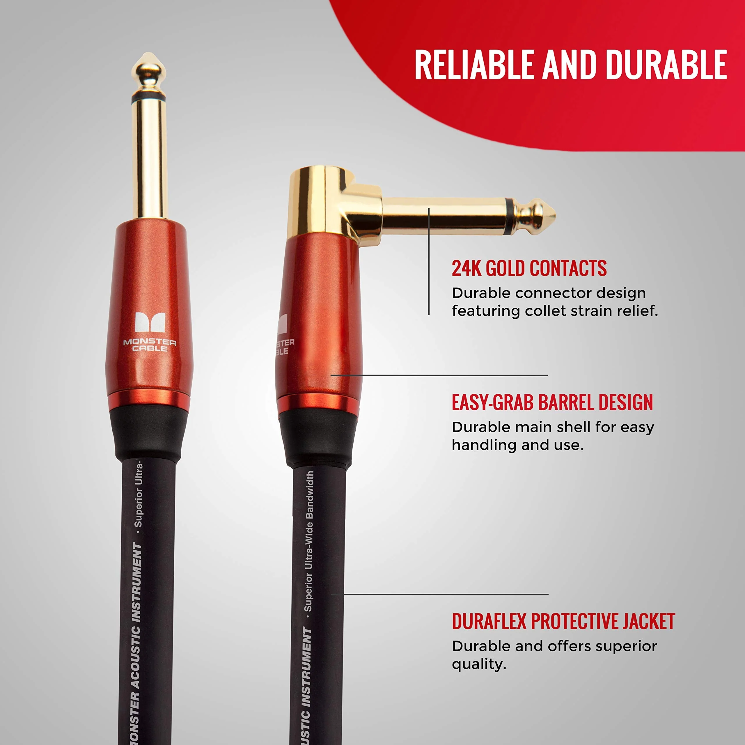 Monster Prolink Acoustic Instrument Cable. 12 ft Guitar Cable. Right Angle to Straight Cable w/Superior Delivery Speed. Rich & Clean Sound Cord Instrument Cable. - Image 2