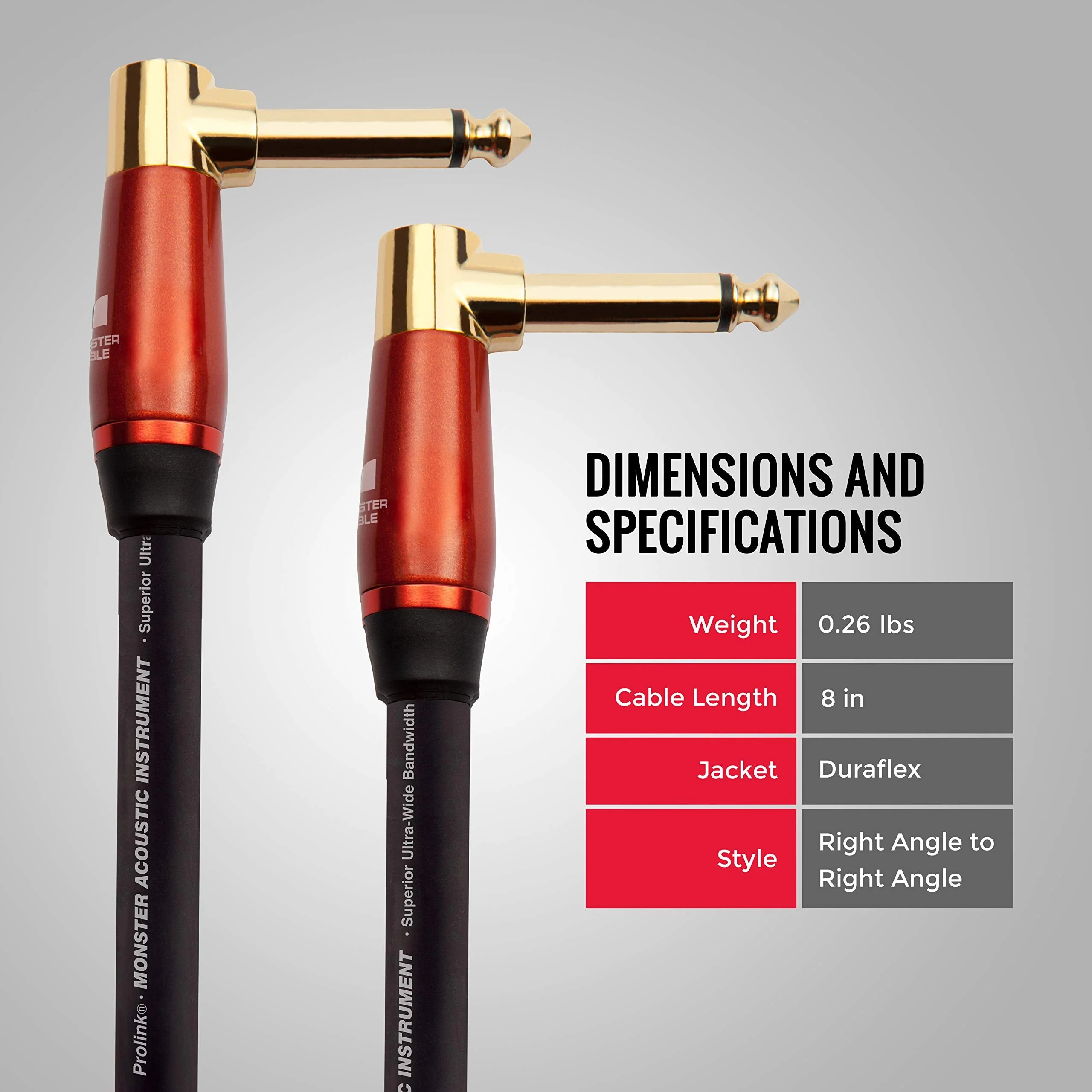 Monster Prolink Acoustic Instrument Cable. 8 in Guitar Cable. Right Angle to Right Angle Monster Cable w/ Superior Delivery Speed. Rich & Clean Sound Monster Cord. Monster Instrument Cable - Image 6