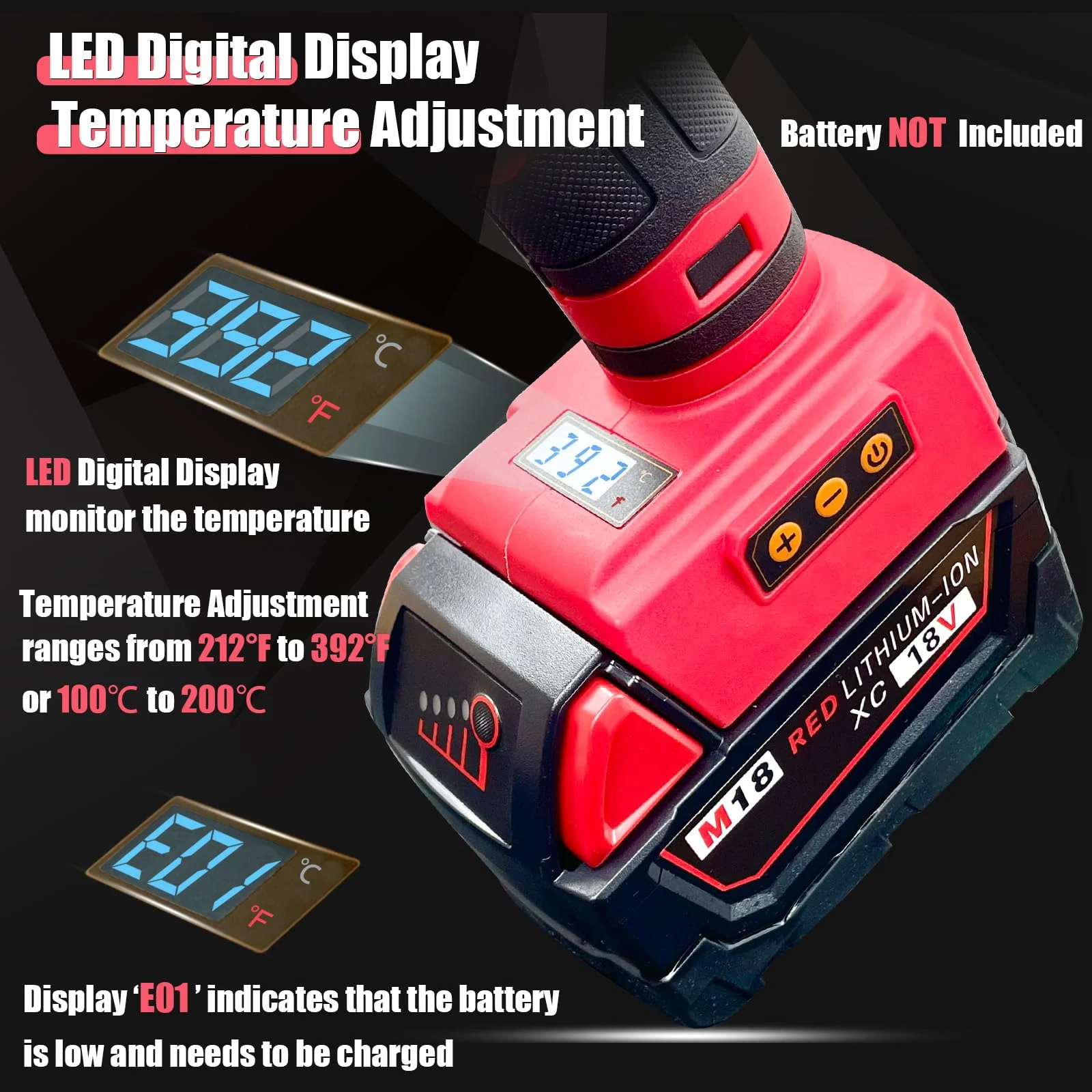 MONVICT 100W Cordless Glue Gun for Milwaukee 18V Battery, Upgraded Digital Temperature Adjustable Handheld Electric Power Full Size Heavy Duty Hot Glue Gun with 10 Glue Sticks (Tools only) 810-MI - Image 2