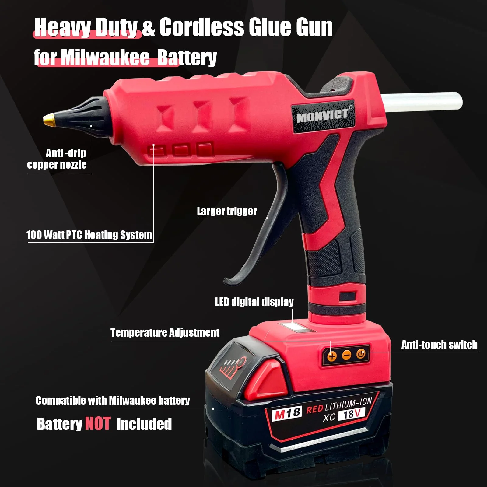 MONVICT 100W Cordless Glue Gun for Milwaukee 18V Battery, Upgraded Digital Temperature Adjustable Handheld Electric Power Full Size Heavy Duty Hot Glue Gun with 10 Glue Sticks (Tools only) 810-MI - Image 3