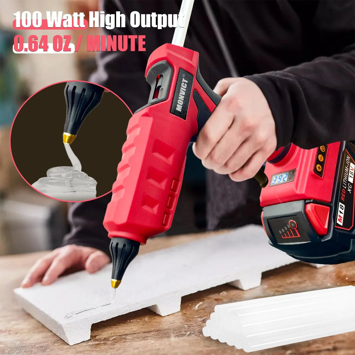 MONVICT 100W Cordless Glue Gun for Milwaukee 18V Battery, Upgraded Digital Temperature Adjustable Handheld Electric Power Full Size Heavy Duty Hot Glue Gun with 10 Glue Sticks (Tools only) 810-MI - Image 4