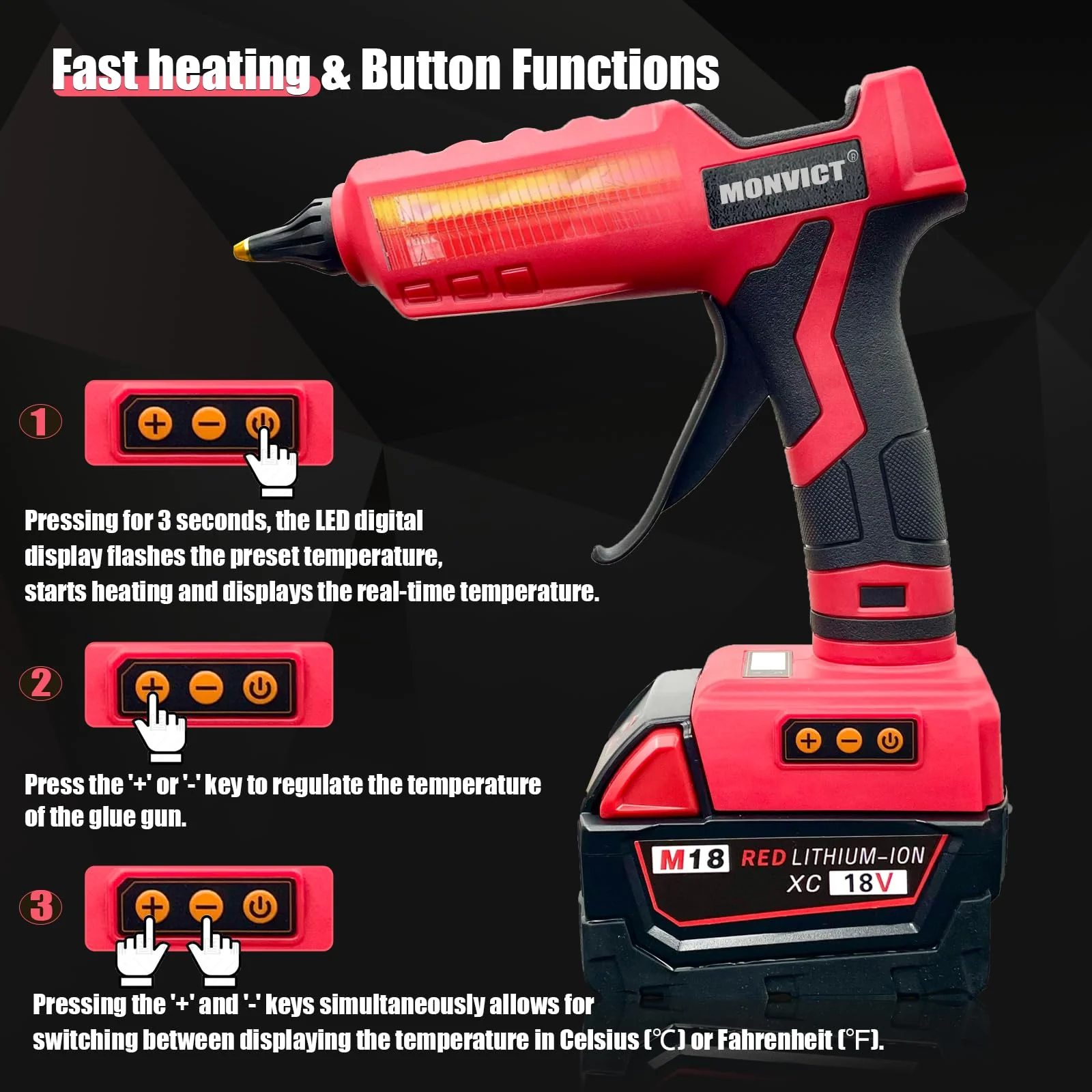 MONVICT 100W Cordless Glue Gun for Milwaukee 18V Battery, Upgraded Digital Temperature Adjustable Handheld Electric Power Full Size Heavy Duty Hot Glue Gun with 10 Glue Sticks (Tools only) 810-MI - Image 6