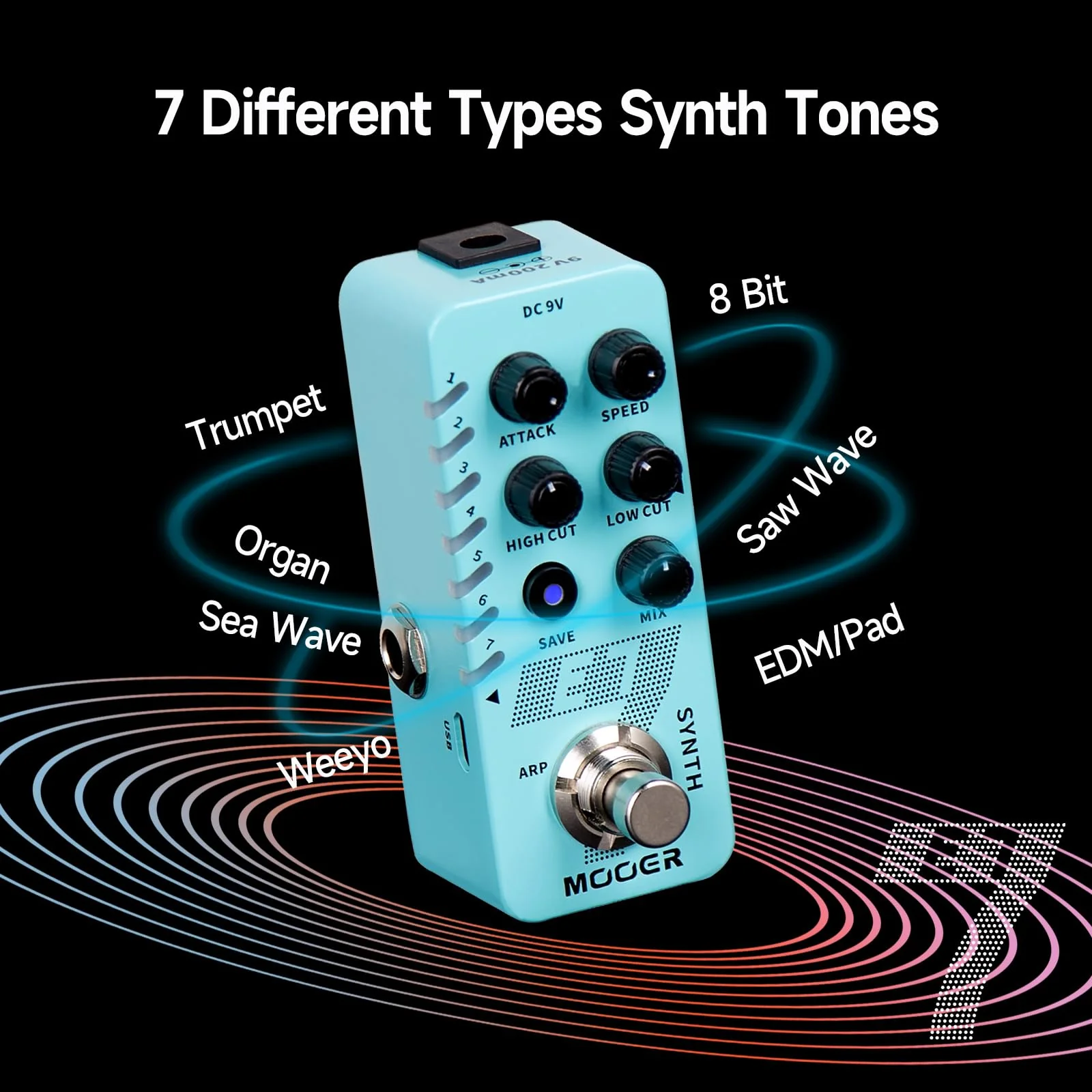 MOOER E7 Polyphonic Guitar Synth Pedal Electronic Synthesizer, 7 Guitar Synthesizer Tones with Individual Arpeggiator And 7 Preset Slots, High/Low Frequency Cut, Attack, Speed Function E7 Synth - Image 2