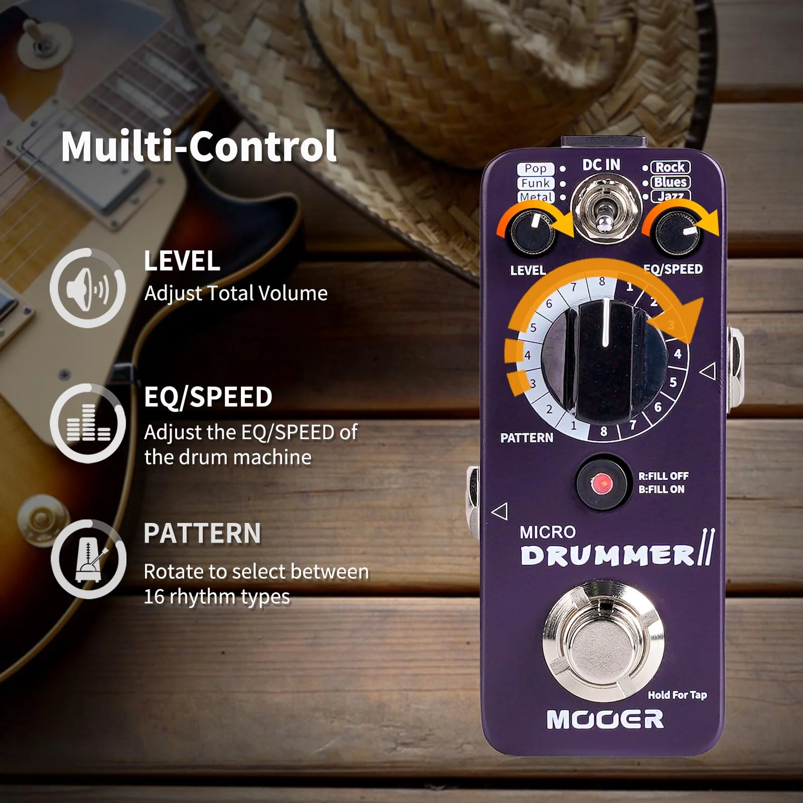 MOOER Micro Drummer II Guitar Drummer Pedal Drum Machine Effect with FILL Function, 48 Drum Grooves, and 6 Music Style Per 8 Different Rythem, With EQ, Tap Tempo for Electric Guitar - Image 3