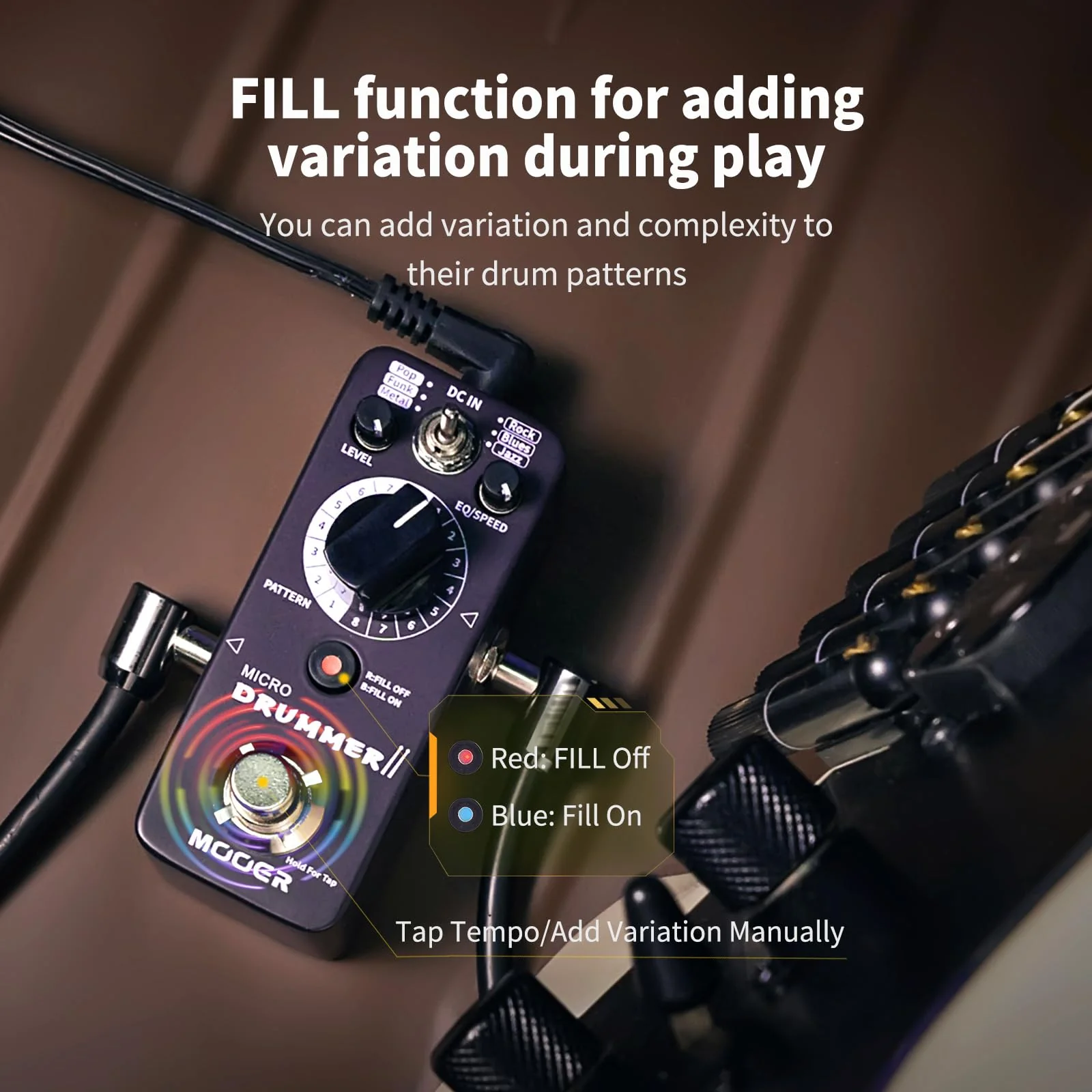 MOOER Micro Drummer II Guitar Drummer Pedal Drum Machine Effect with FILL Function, 48 Drum Grooves, and 6 Music Style Per 8 Different Rythem, With EQ, Tap Tempo for Electric Guitar - Image 4