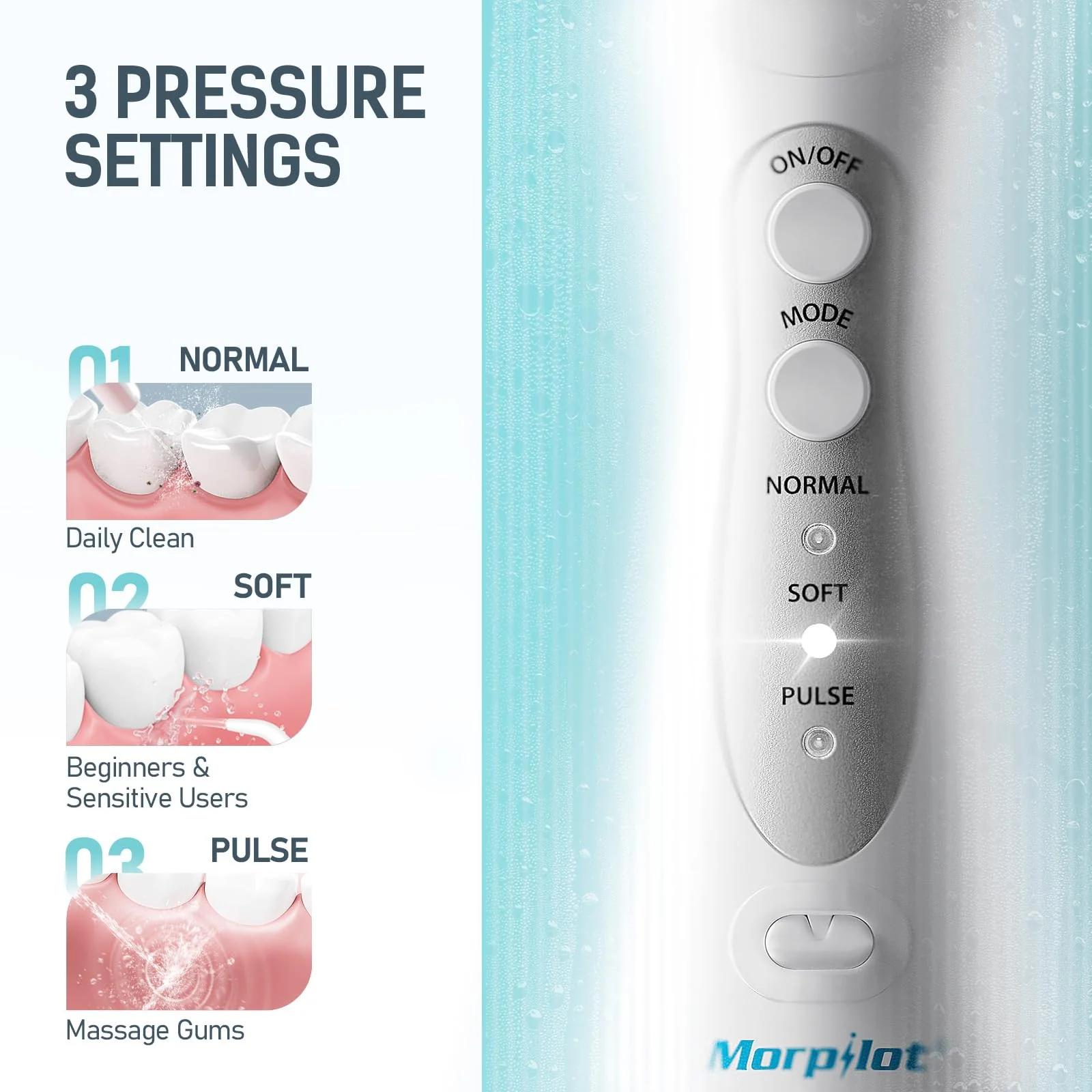 morpilot Portable Cordless Professional 3 Modes Oral Irrigator with 5 Nozzles 1 Tongue Cleaner IPX7 Waterproof Teeth Cleaning 300ml for Travel Home Use - Image 2