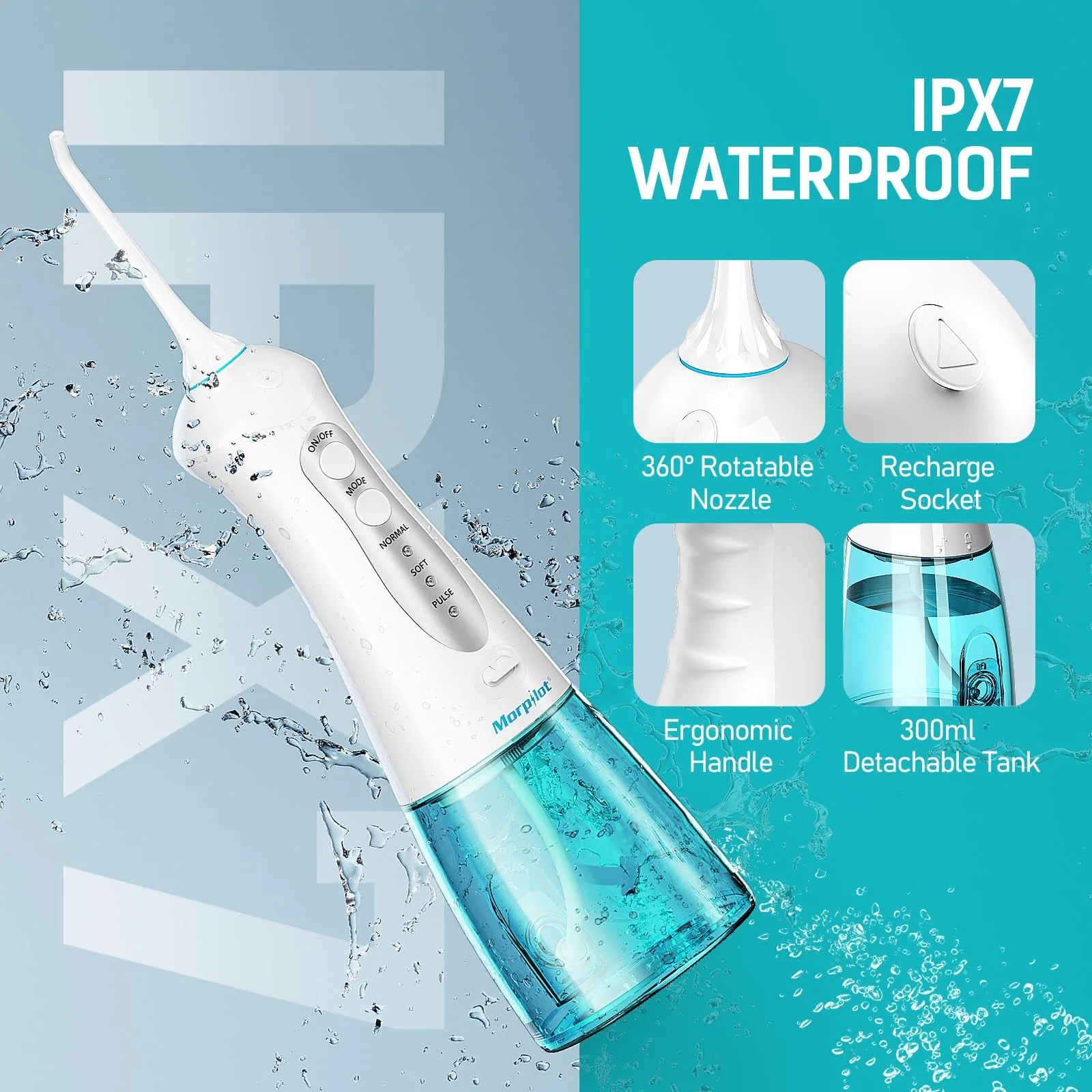 morpilot Portable Cordless Professional 3 Modes Oral Irrigator with 5 Nozzles 1 Tongue Cleaner IPX7 Waterproof Teeth Cleaning 300ml for Travel Home Use - Image 4