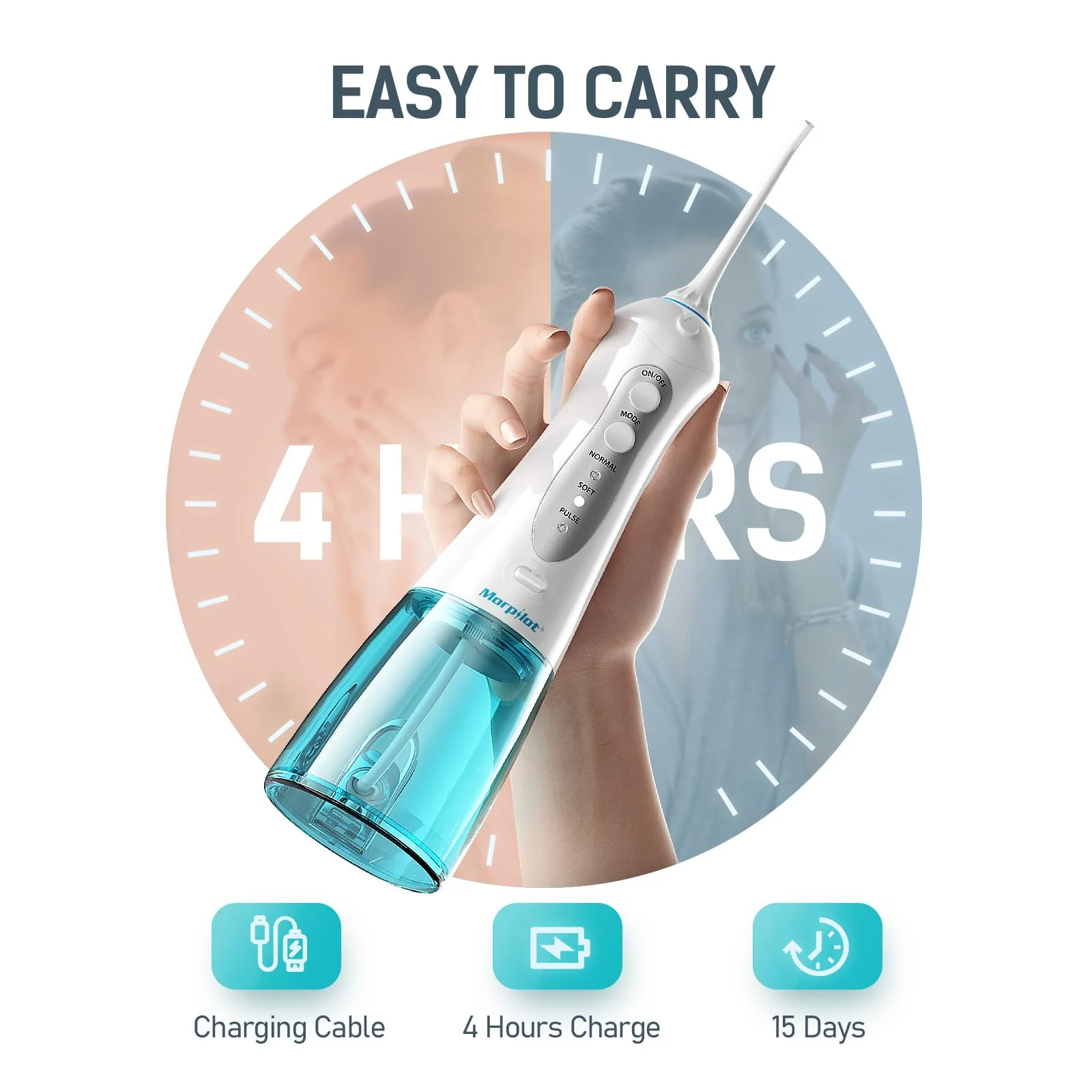 morpilot Portable Cordless Professional 3 Modes Oral Irrigator with 5 Nozzles 1 Tongue Cleaner IPX7 Waterproof Teeth Cleaning 300ml for Travel Home Use - Image 5
