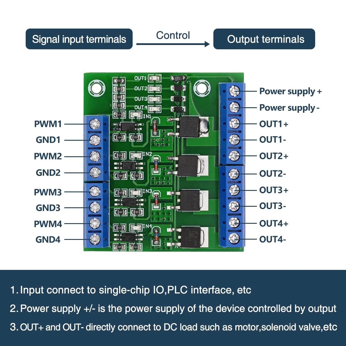 Mosfet PCB PWM 4 Channel PLC Amplifier Mosfet Module 8 Channels PWM 4 Channel MOS FET Module, PLC Amplifier Circuit Board Driver Module PCB Module Driver 3-20V to 3.7-27VDC, 10A - Image 2