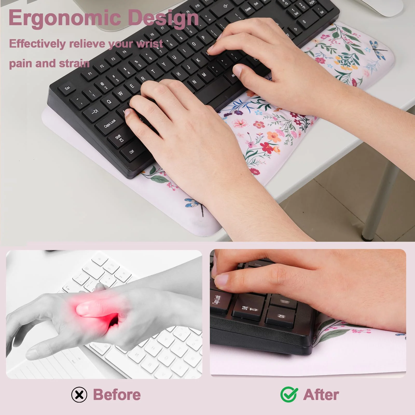 MOSISO Keyboard Stand with Wrist Rest, Hummingbird Plants&Flowers Ergonomic Keyboard Riser with Wrist Rest Pad, Non-Slip Base Easy Typing Cushion with Wheat Ear Memory Foam for Home Office, Pink - Image 2