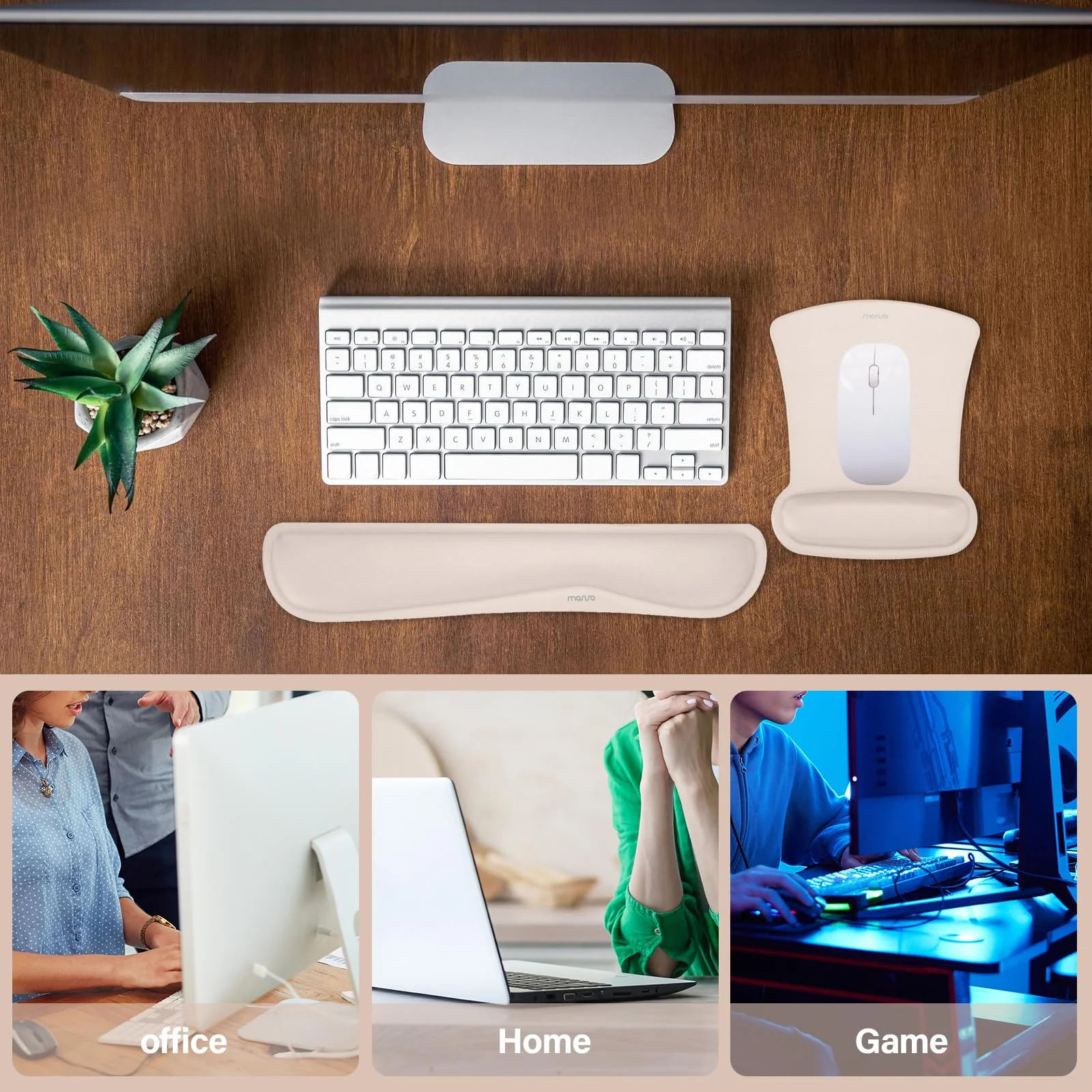 MOSISO Wrist Rest Support for Mouse Pad & Keyboard Set, Ergonomic Mousepad Non-Slip Base Home/Office Pain Relief & Easy Typing Cushion with Neoprene Cloth & Raised Memory Foam, Apricot - Image 2
