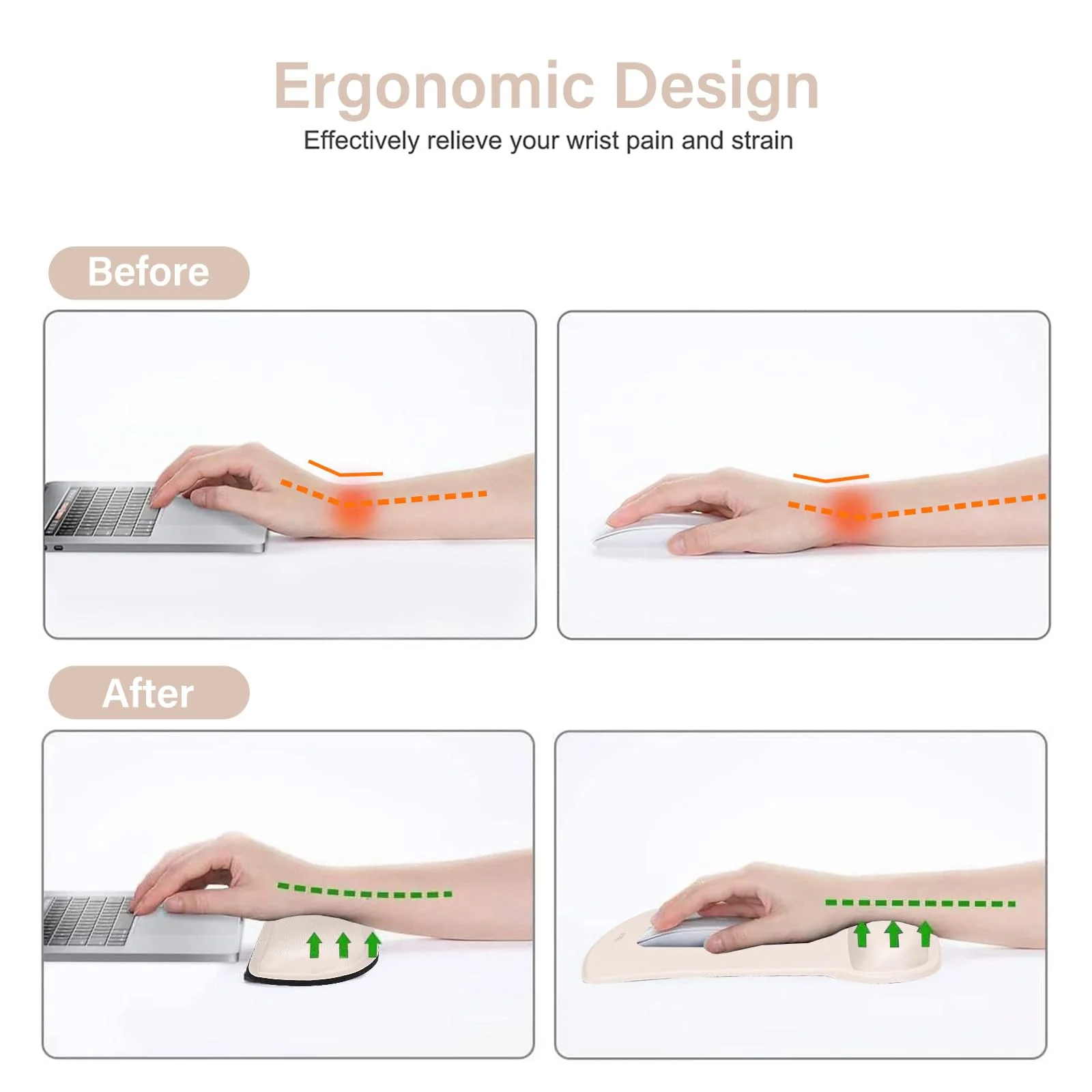 MOSISO Wrist Rest Support for Mouse Pad & Keyboard Set, Ergonomic Mousepad Non-Slip Base Home/Office Pain Relief & Easy Typing Cushion with Neoprene Cloth & Raised Memory Foam, Apricot - Image 3