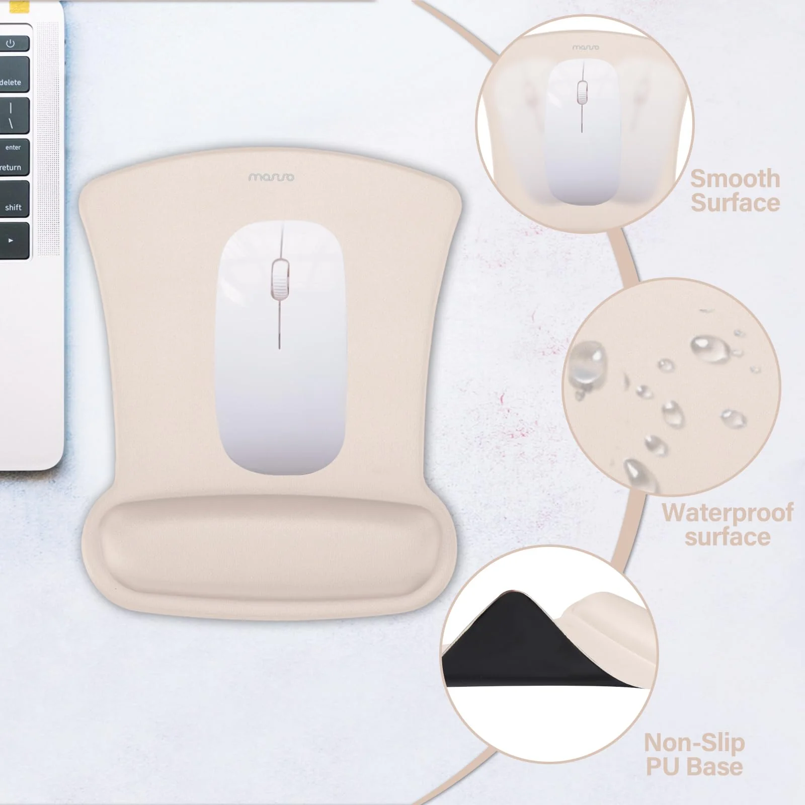 MOSISO Wrist Rest Support for Mouse Pad & Keyboard Set, Ergonomic Mousepad Non-Slip Base Home/Office Pain Relief & Easy Typing Cushion with Neoprene Cloth & Raised Memory Foam, Apricot - Image 5