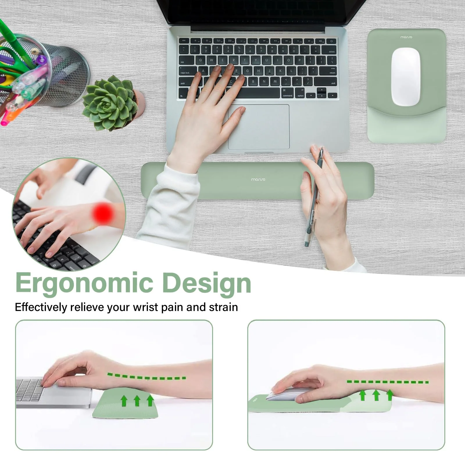 MOSISO Wrist Rest Support for Mouse Pad&Keyboard Set, Rectangular Ergonomic Mousepad Non-Slip Base Home/Office Pain Relief&Easy Typing Pad with Neoprene Cloth&Raised Curved Memory Foam, Green - Image 2