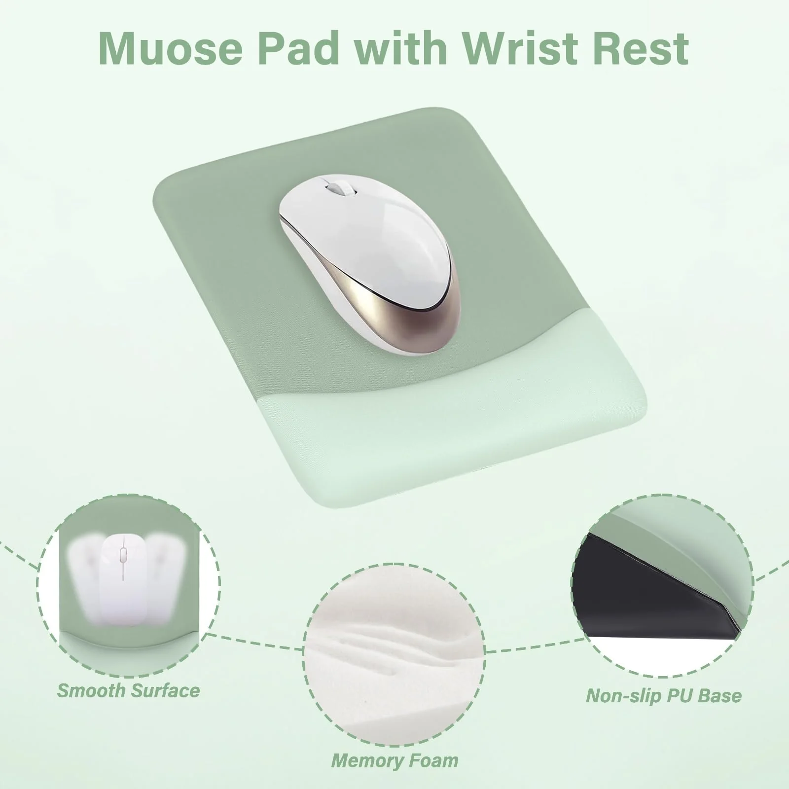 MOSISO Wrist Rest Support for Mouse Pad&Keyboard Set, Rectangular Ergonomic Mousepad Non-Slip Base Home/Office Pain Relief&Easy Typing Pad with Neoprene Cloth&Raised Curved Memory Foam, Green - Image 3